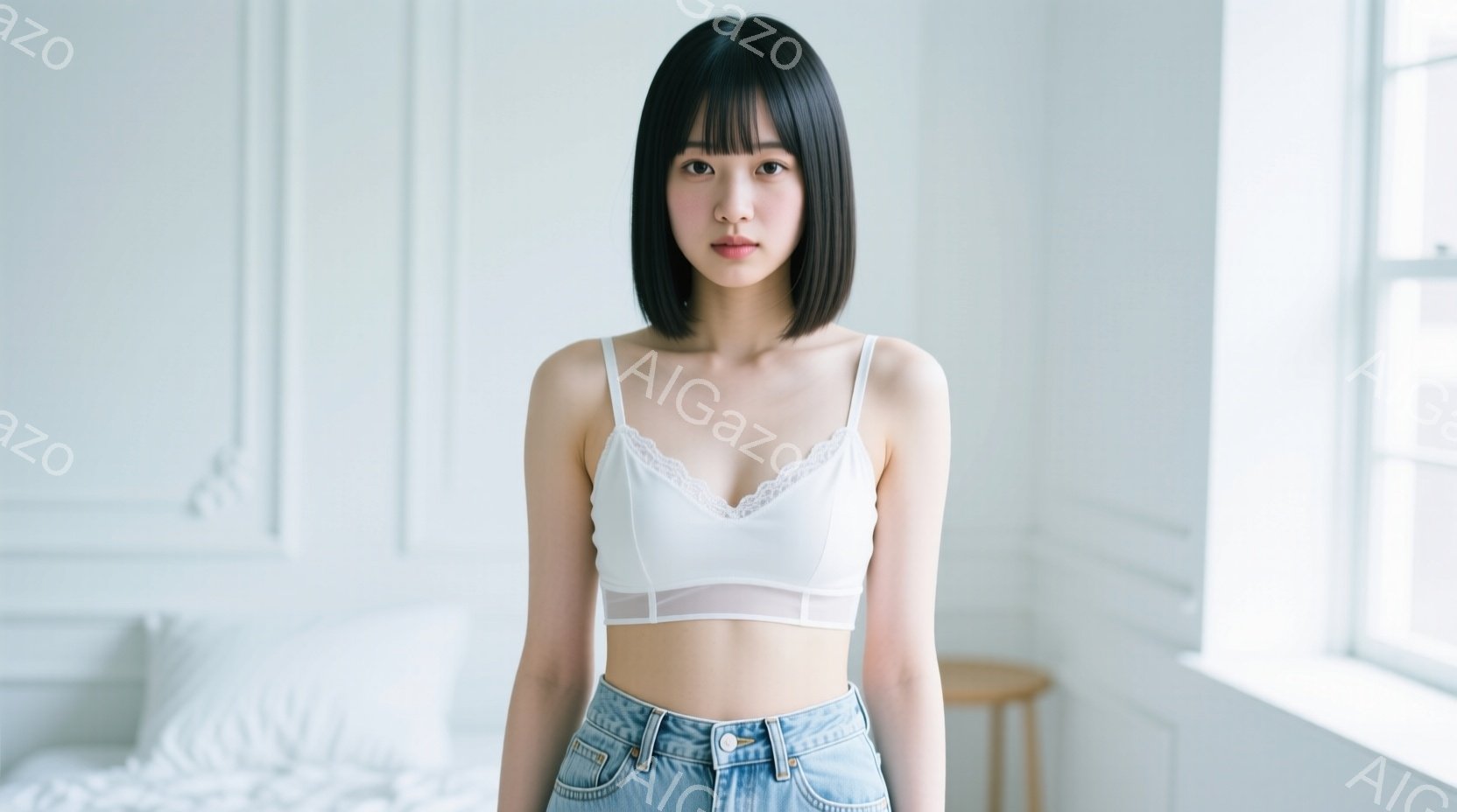 画像は、短い前髪と肩までの長さの黒髪の女性が写っています。白いレースのキャミソールとハイウエストのジーンズを着用し、少し微笑んでいます。背景には白い壁と窓があり、室内で撮影された写真で、全体的に明るく - AI生成フリー素材