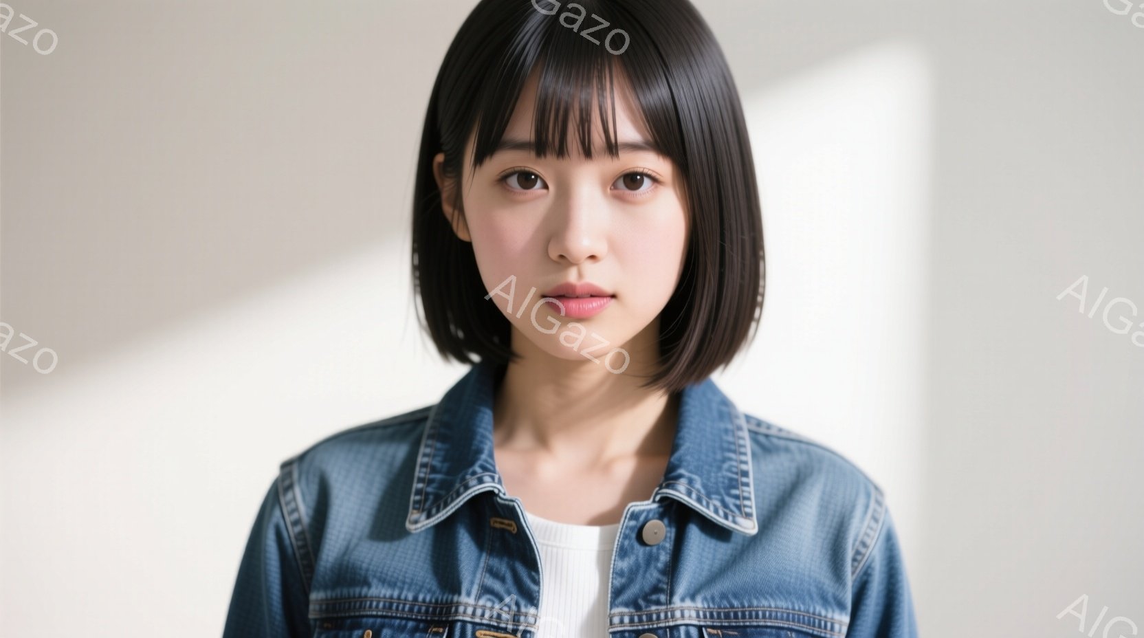 この女性は、肩までの長さの黒髪で、前髪が眉毛にかかっています。白いタンクトップの上にデニムジャケットを着ており、表情は穏やかでわずかに微笑んでいます。背景は白く、彼女が中央に配置されているため、全体的にシンプルで清潔な印象を与えます。