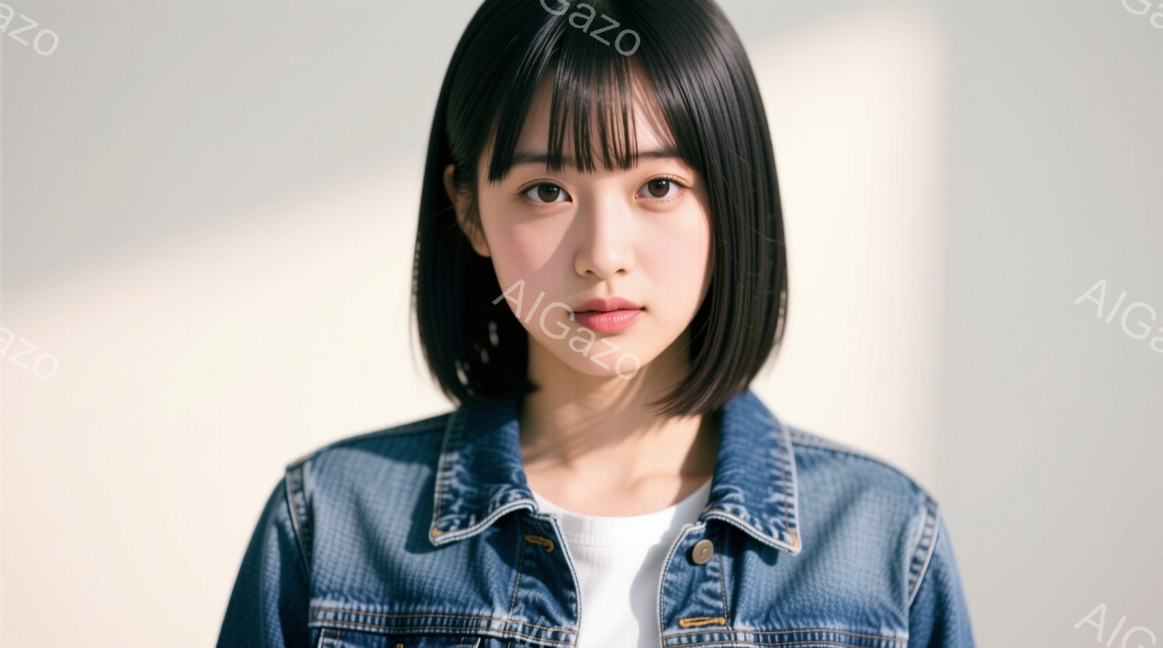 画像は、ボブカットの黒髪の女性が正面を向いています。白いTシャツの上にデニムジャケットを着ており、表情は穏やかで少し微笑んでいるように見えます。背景は白く、人物が際立っており、全体的に清潔感のある雰囲気です。