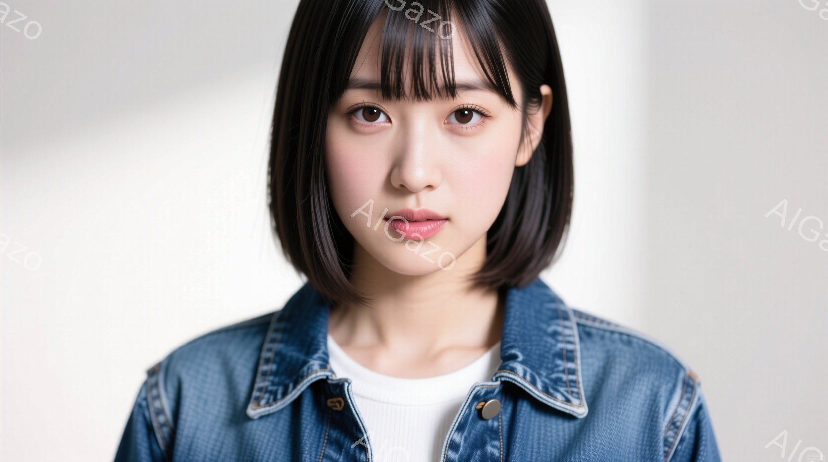 画像は、黒髪のショートボブヘアの若い女性が写っています。白いニットにデニムジャケットを着ており、穏やかな表情で正面を見ています。背景は白く、女性が際立っており、全体的に柔らかく親しみやすい雰囲気が漂っています。