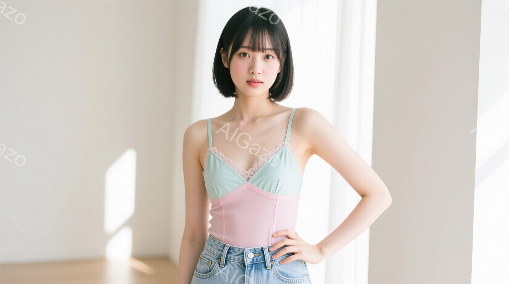 黒髪のボブカットで、前髪は眉毛にかかるように切り揃えられています。ピンクと水色のキャミソールに、ハイウエストのデニムパンツを着用しており、片手を腰に当て、リラックスした姿勢で立っています。背景は白壁で、自然光が差し込み、明るく清潔な印象を与えます。