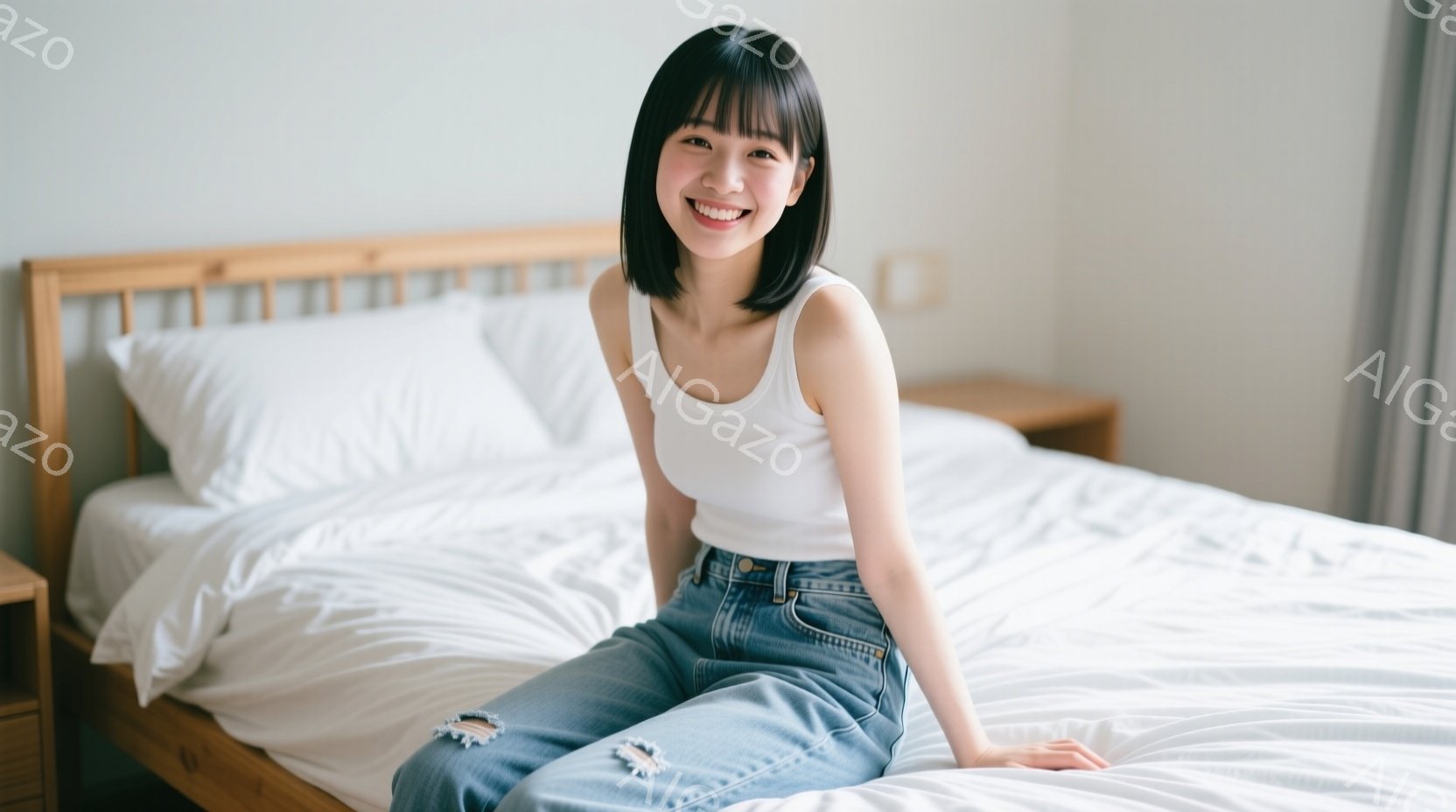 若い女性がベッドに座っており、白いタンクトップと破れたジーンズを着ています。彼女は短い黒髪で、顔には明るい笑顔が浮かんでいます。背景はシンプルで、白い壁と木製のナイトスタンドが見え、全体的に清潔で穏や - AI生成フリー素材