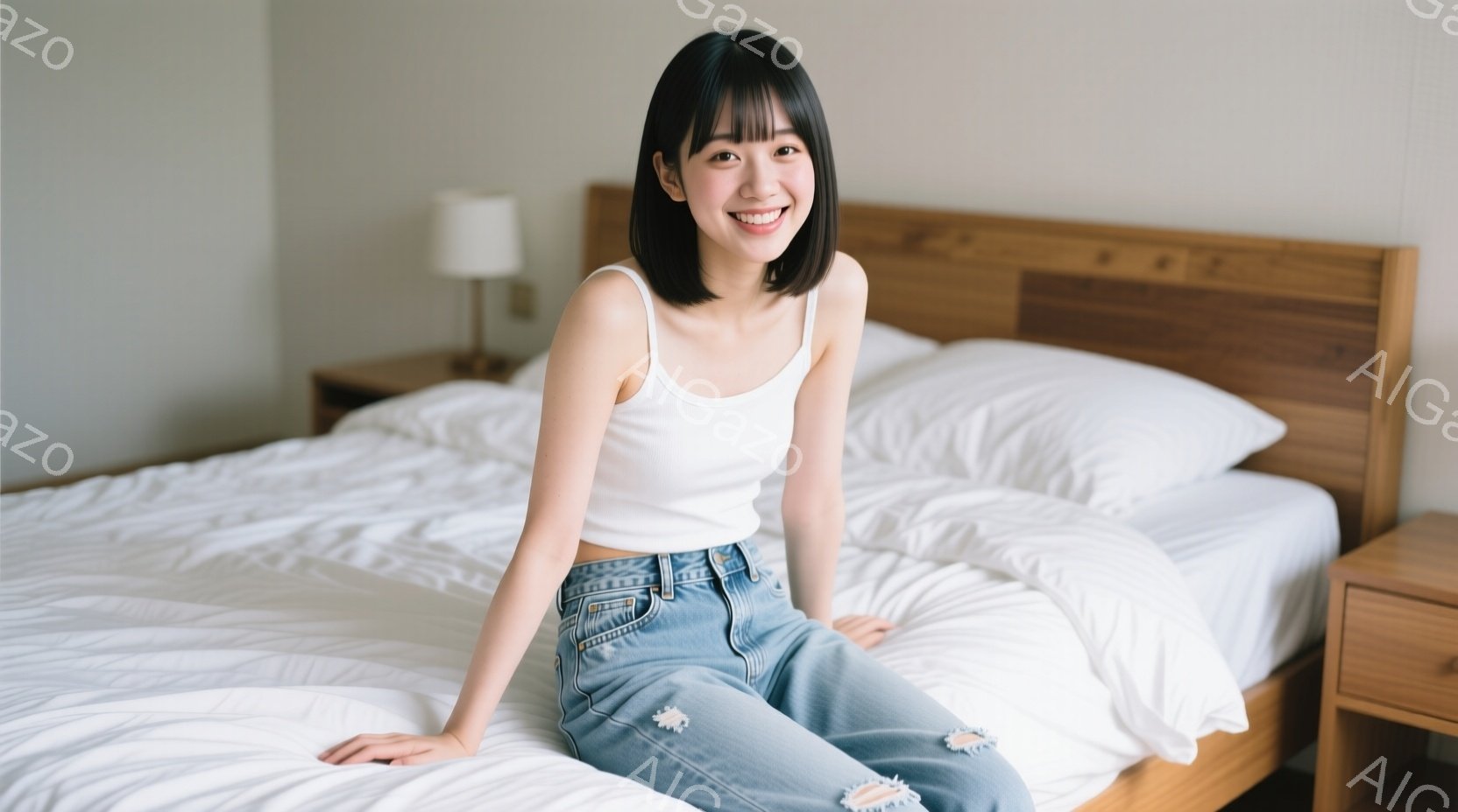 画像には、ベッドに座っている若い女性が写っています。彼女は白いタンクトップと破れたデニムジーンズを身につけ、肩までの長さの黒髪で、笑顔を浮かべています。背景はシンプルなベッドルームで、木製のヘッドボー - AI生成フリー素材