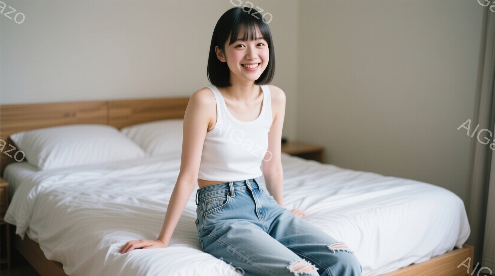 明るい表情の若い女性が、白いベッドに座っています。彼女は白いタンクトップと破れたデニムジーンズを着用し、前髪のあるショートヘアです。背景はシンプルで、明るい室内で、穏やかでリラックスした雰囲気が漂って - AI生成フリー素材