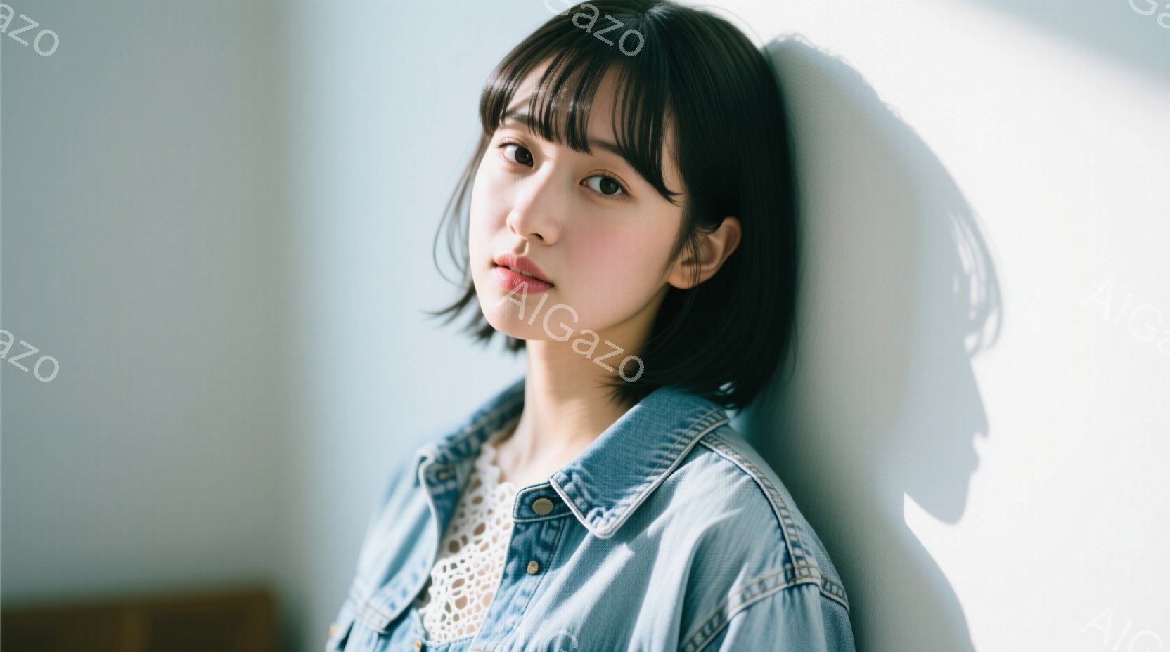 短い黒髪で前髪が目の上まで伸びた女性が写っている。彼女は白いレースのブラウスの上にデニムジャケットを着ており、少し物憂げな表情で壁にもたれて立っている。背景は白壁で、強い光が当たっているため、影がはっきりと映り、全体的に柔らかく静かな雰囲気が漂っている。