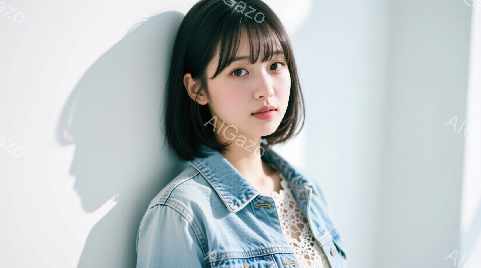 この女性は、オフホワイトのレースのブラウスの上にデニムジャケットを着ています。髪は肩までの長さで、前髪は眉毛にかかるようにカットされています。彼女は壁に寄りかかり、やや控えめな表情で正面を見つめており、影が壁に映っています。
