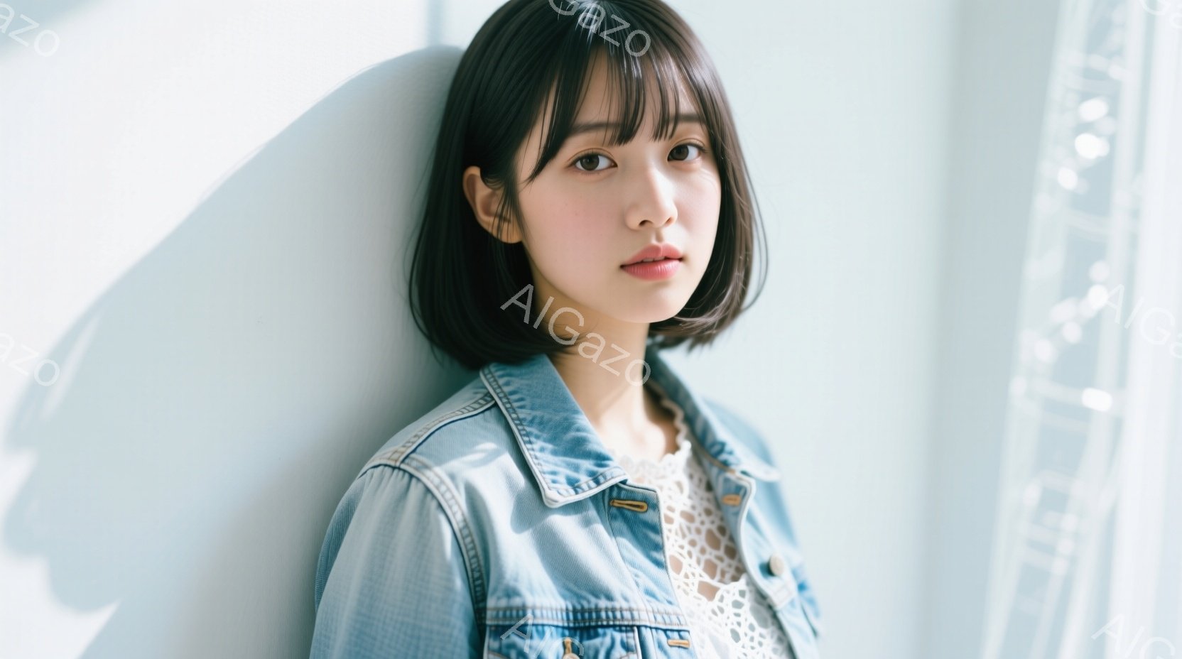 彼女は肩までの長さの黒髪で、前髪が目にかかるヘアスタイルをしている。白いレースのブラウスの上にデニムジャケットを羽織り、わずかに微笑んだ表情でカメラを見つめている。背景は明るい光が差し込む窓で、壁に影が映り、全体的に柔らかく穏やかな雰囲気が漂っている。