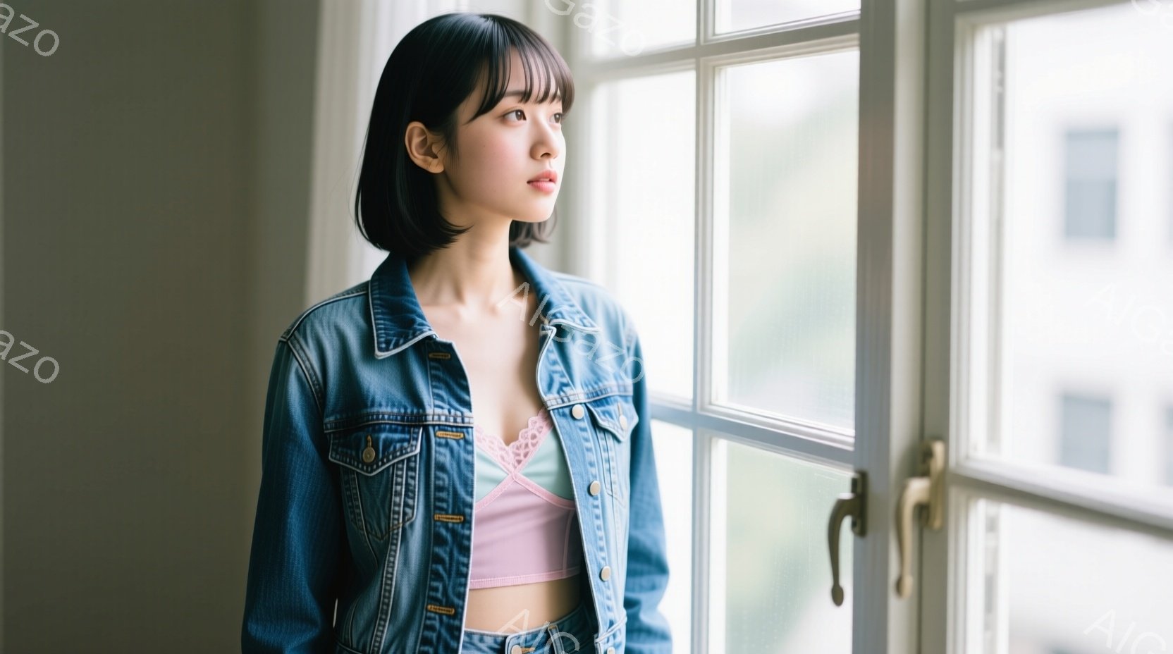 短い黒髪で前髪のある女性が窓辺に立っている。彼女はデニムジャケットと薄いピンク色のレースのブラレットを着用し、少し物憂げな表情で外を見つめている。窓の外には建物が見え、全体的に穏やかで内省的な雰囲気が漂っている。