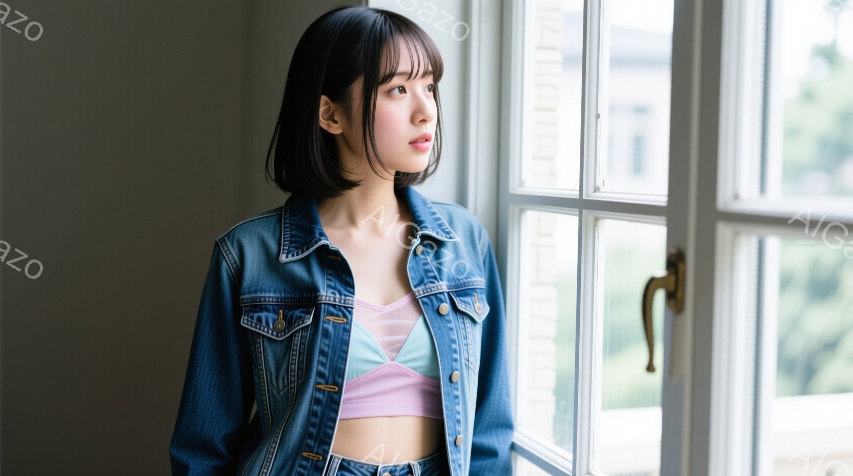 若い女性が窓辺に立っており、薄いピンク色のブラレットの上にデニムジャケットを羽織り、同素材のパンツを着用しています。彼女は黒髪のショートヘアで、少し憂いを帯びた表情で遠くを見つめています。背景にはぼやけた建物が見え、全体的に穏やかで内省的な雰囲気を醸し出しています。