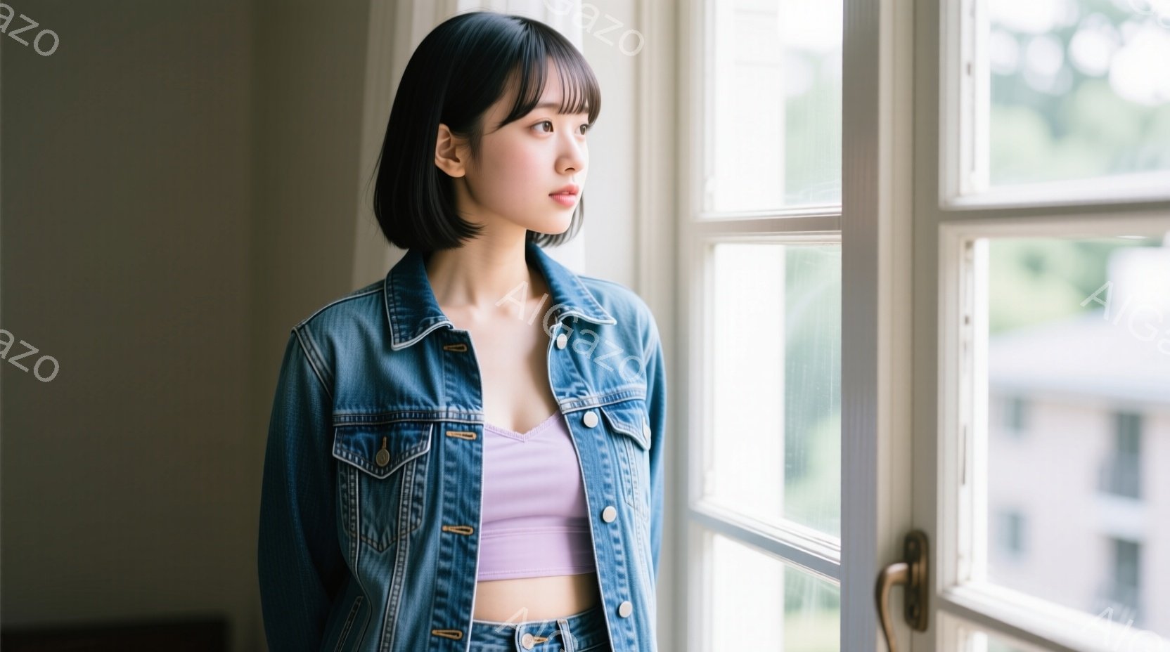 短い黒髪の女性が窓辺に立っており、薄い紫色のトップスにデニムジャケットを羽織っています。彼女は少し憂いのある表情で、遠くを見つめており、リラックスした姿勢で窓枠に寄りかかっています。背景には建物が見え - AI生成フリー素材