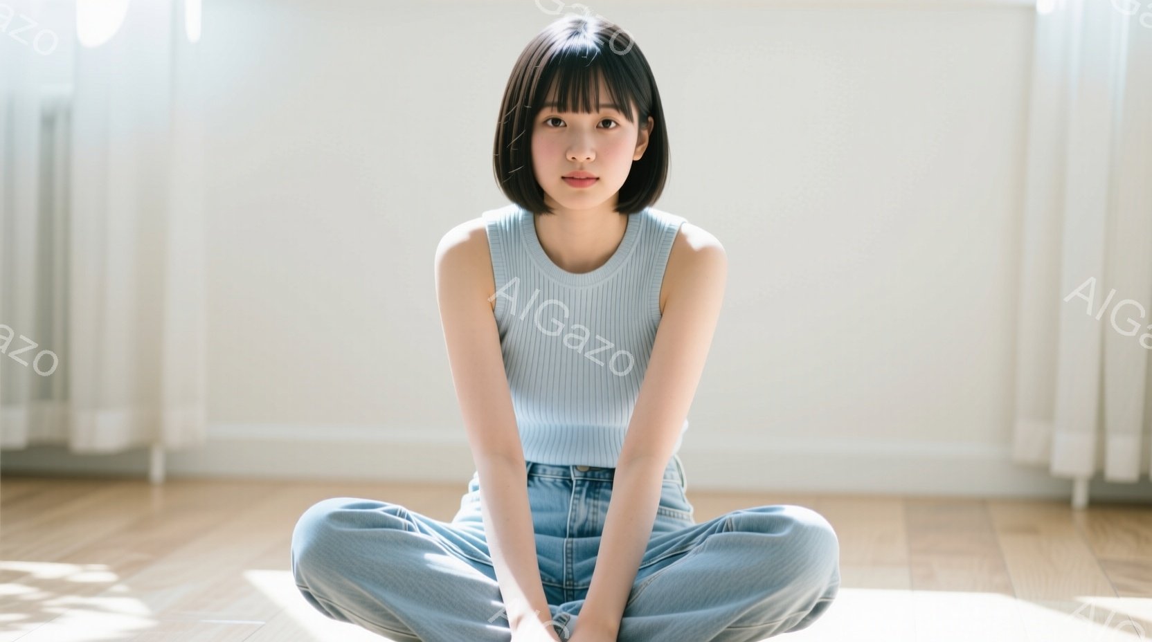 若い女性が床に座っており、水色のタンクトップとデニムのズボンを着用しています。彼女は膝を曲げて座り、両足は揃っています。背景には木製の床と白いカーテンが見え、全体的に明るく穏やかな雰囲気です。 - AI生成フリー素材