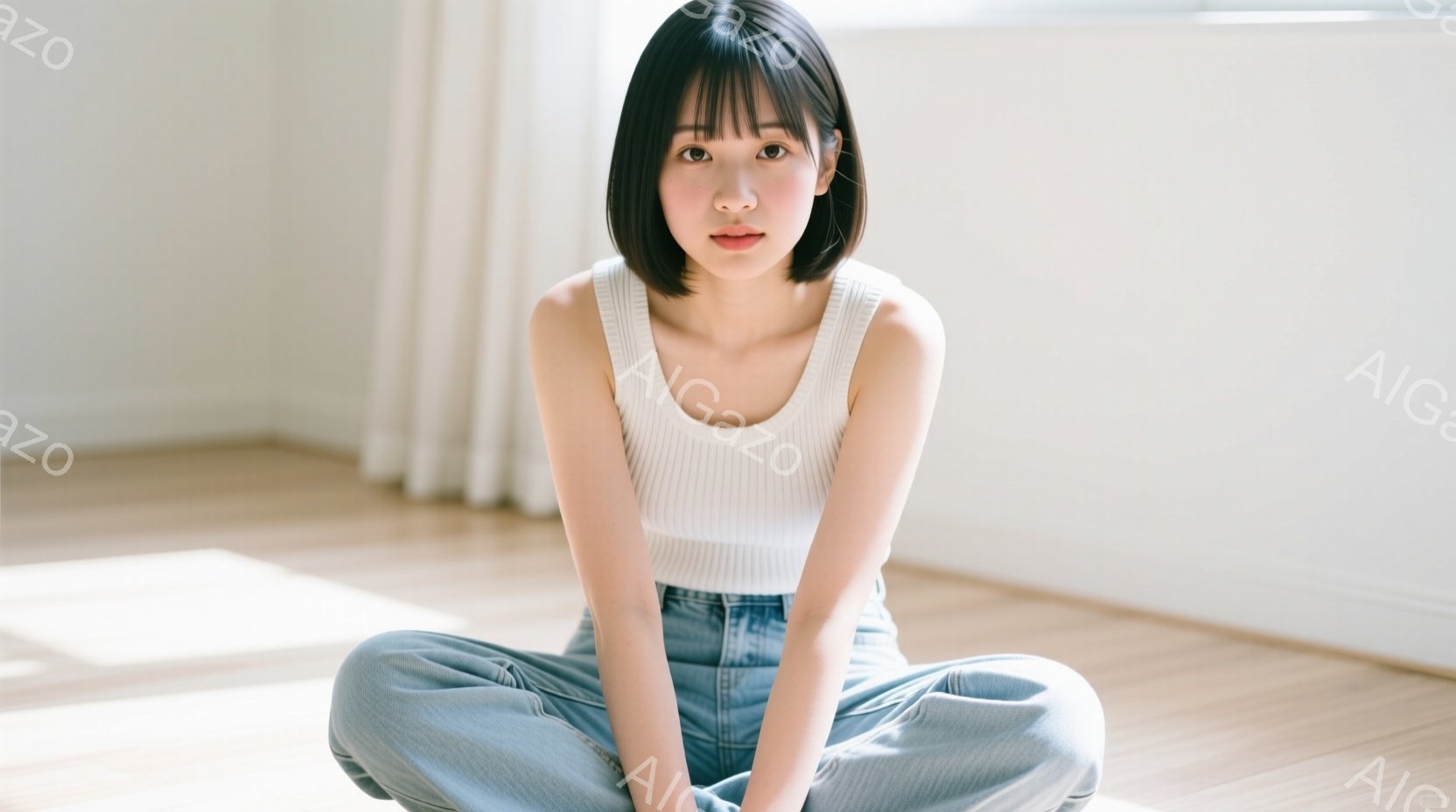 若い女性が床に座り、膝を曲げて足を組んでいます。白いタンクトップと水色のジーンズを着用し、黒髪のボブカットで、穏やかな表情をしています。背景はシンプルな白い壁と木の床で、柔らかい光が差し込み、リラック - AI生成フリー素材