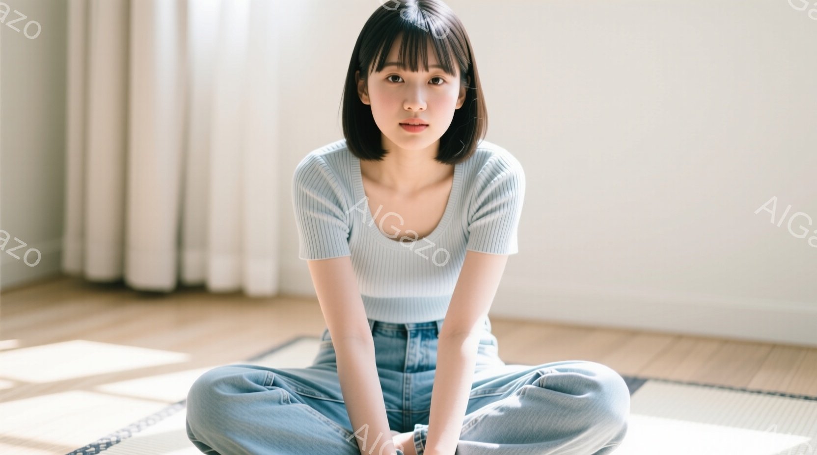 明るい室内で、短い髪の女性が正座をして座っています。彼女は水色のセーターとジーンズを着ており、表情は穏やかで、わずかに微笑んでいるように見えます。背景は畳の部屋で、窓から差し込む光が明るい雰囲気を作り - AI生成フリー素材