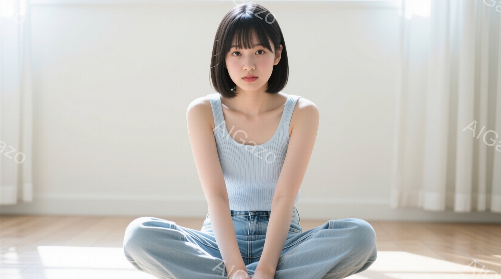 明るい部屋で、短いボブヘアの女性が床に座って膝を曲げている。水色のタンクトップとルーズフィットのジーンズを身に着け、落ち着いた表情で正面を見つめている。背景は白い壁と、光が差し込む窓で、全体的に穏やか - AI生成フリー素材