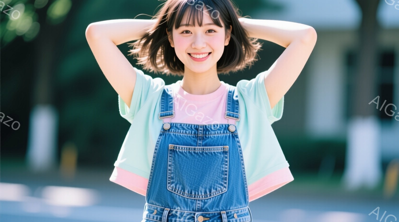 ショートヘアの女性が、水色のシャツにピンク色のラインが入った長袖シャツと、デニムのオーバーオールを着ています。彼女は両手を頭の後ろで組み、微笑んでカメラを見ており、リラックスした雰囲気です。背景には緑 - AI生成フリー素材