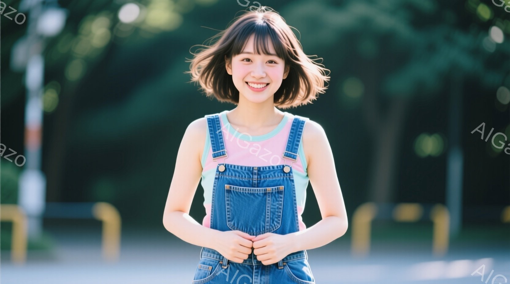画像は、明るい笑顔を浮かべた若い女性が写っています。彼女は肩紐付きのデニムオーバーオールに、薄いピンク色のタンクトップを着ており、前髪をふんわりと流したショートヘアです。背景には緑豊かな木々とぼやけた - AI生成フリー素材
