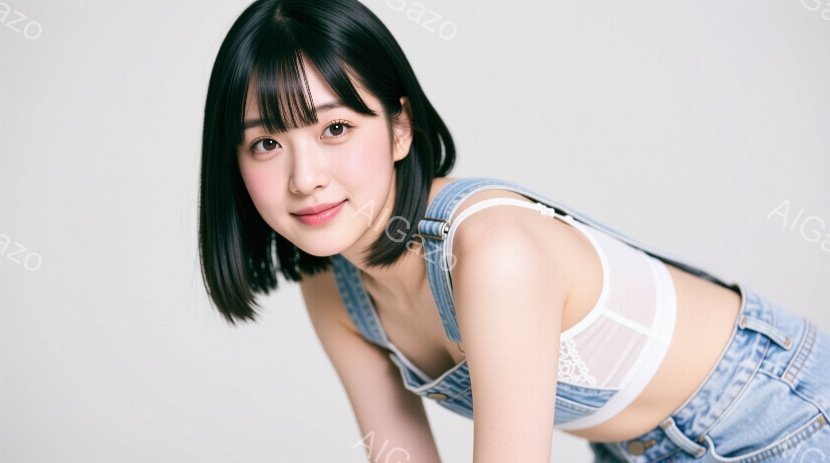 画像は、肩出しのデニムオーバーオールを着た若い女性が写っています。彼女は短い黒髪で、わずかに微笑んでカメラを見つめており、少し前かがみの姿勢をとっています。背景は白く、人物に焦点が当てられています。 - AI生成フリー素材