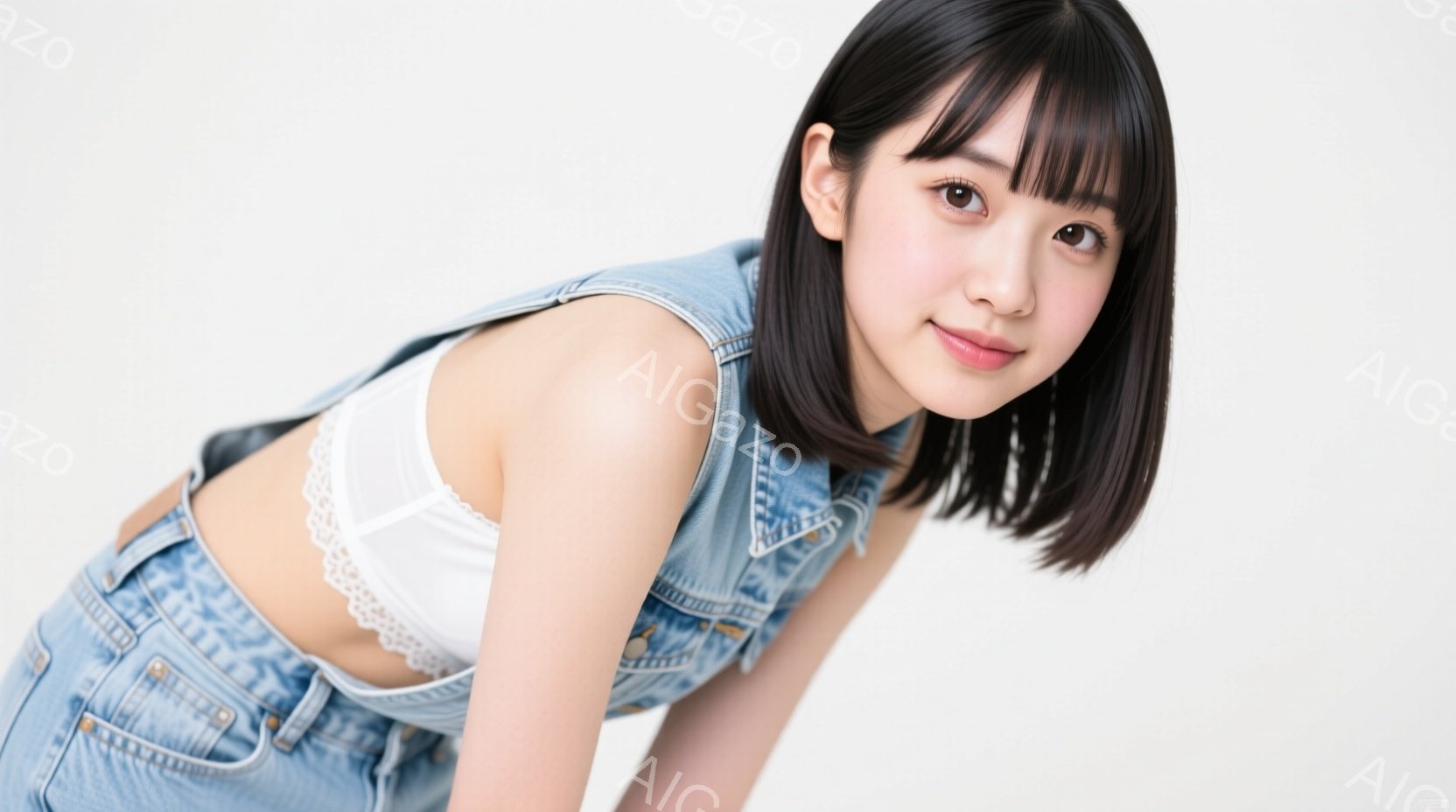 画像には、肩出しのデニムオーバーオールを着た若い女性が写っています。彼女は黒髪のボブヘアで、少し微笑んだ表情をしています。背景は白く、女性がポーズを取っていることに焦点が当てられています。 - AI生成フリー素材