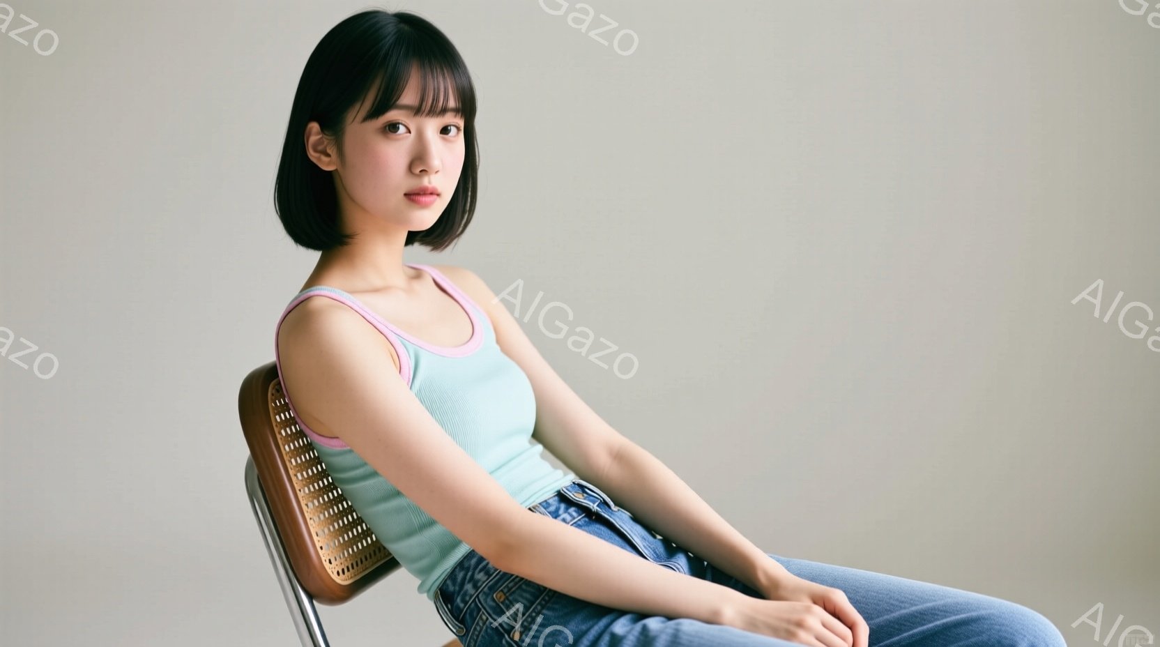 若い女性が椅子に座っており、水色のキャミソールとジーンズを着ています。彼女は黒髪のショートボブで、穏やかな表情でカメラを見つめています。背景は淡いグレーで、シンプルで落ち着いた雰囲気です。 - AI生成フリー素材