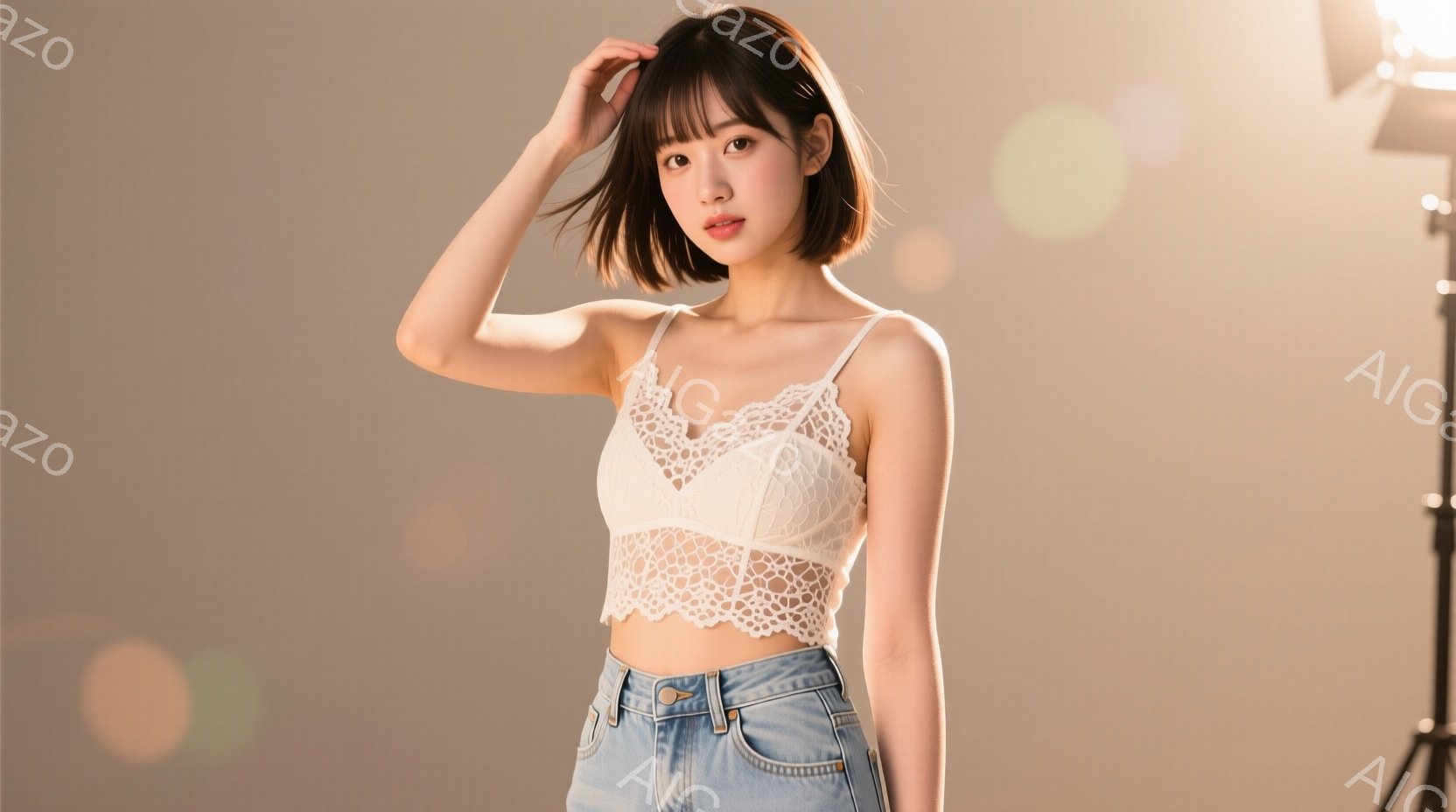 モデルは、白いレースのクロップドトップスと水色のジーンズを着用し、短い茶髪を肩にかけるポーズをとっています。彼女は少し微笑んでおり、自信に満ちた表情をしています。背景はぼやけており、撮影用のライトが一部見え、全体的に柔らかく暖かい雰囲気が漂っています。