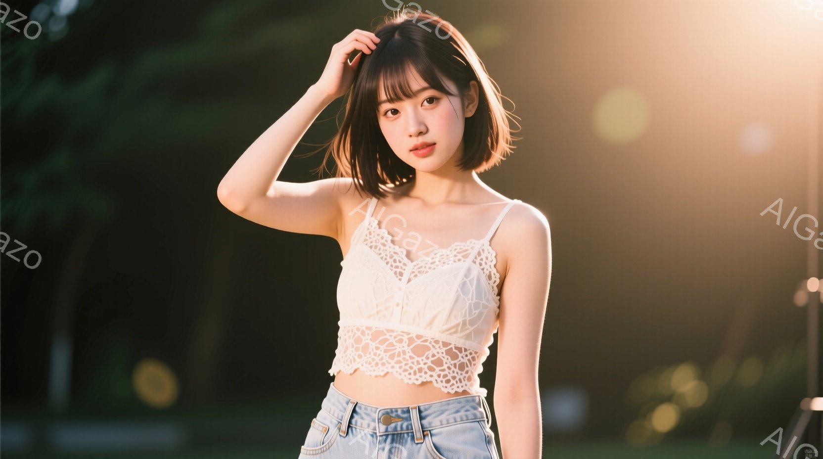 若い女性が白いレースのクロップドトップスと水色のデニムのスカートを身に着けています。彼女は片手を頭の髪に当てており、少し微笑んだ表情をしています。背景は緑豊かな自然で、光が差し込み、柔らかい雰囲気を作 - AI生成フリー素材