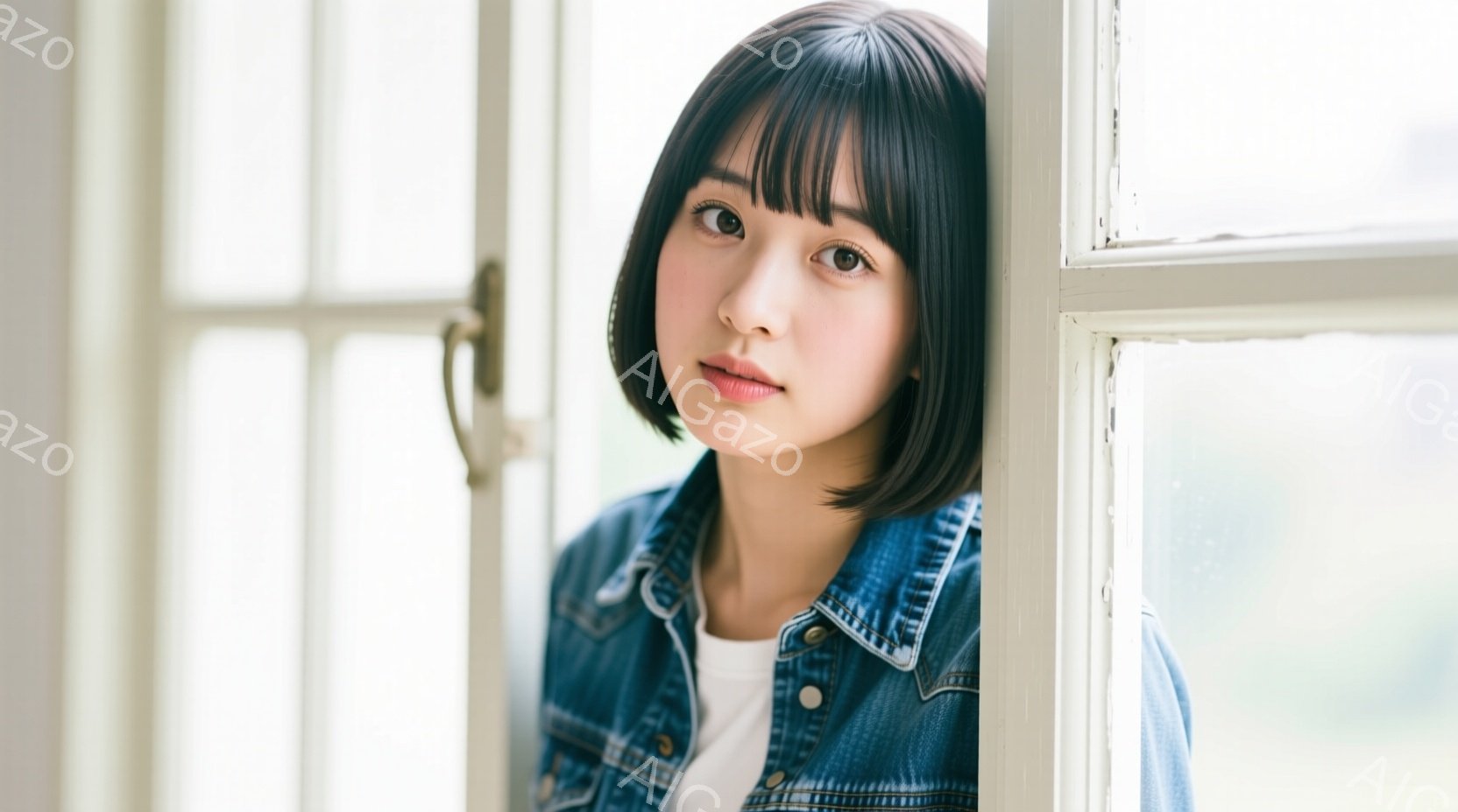 ショートヘアの女性が、白い枠の窓のそばに立っている。彼女は白いTシャツにデニムジャケットを着ており、少し微笑んでいる表情でカメラを見つめている。背景はぼやけていて、窓からの自然光が彼女を優しく照らしている。