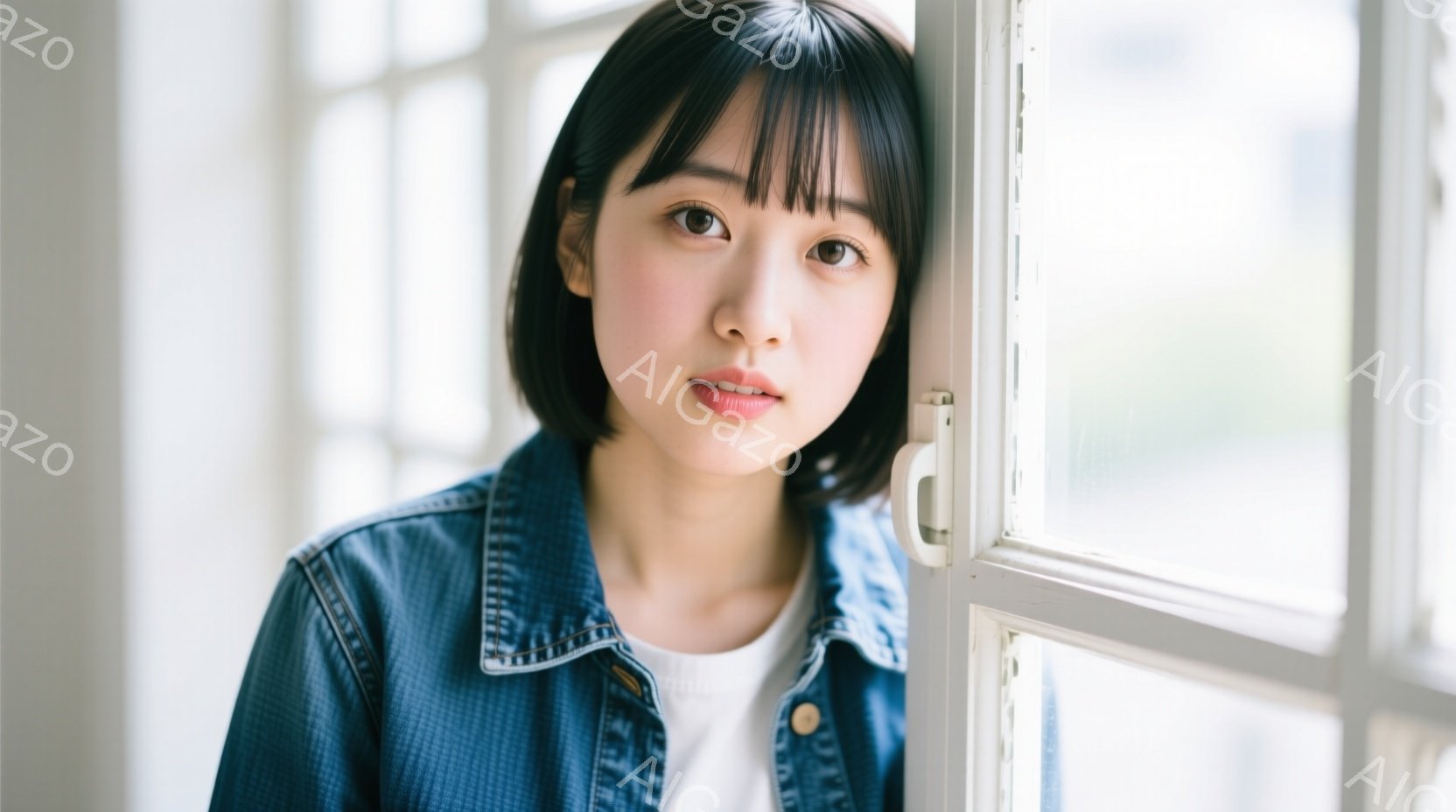 短い黒髪の女性が、白い壁と窓枠の間に立っています。白いTシャツの上にデニムジャケットを着ており、少し微笑んだ表情でカメラを見つめています。背景はぼやけていますが、自然光が入る窓から、屋外の緑が見えます。