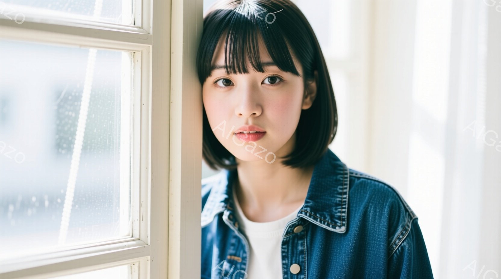 短い黒髪の女性が、白いTシャツにデニムジャケットを羽織って写っています。彼女は窓枠に寄りかかり、少し憂いを帯びた表情でこちらを見ています。背景にはぼやけた窓があり、雨が降っていることを示唆する水滴が見えます。