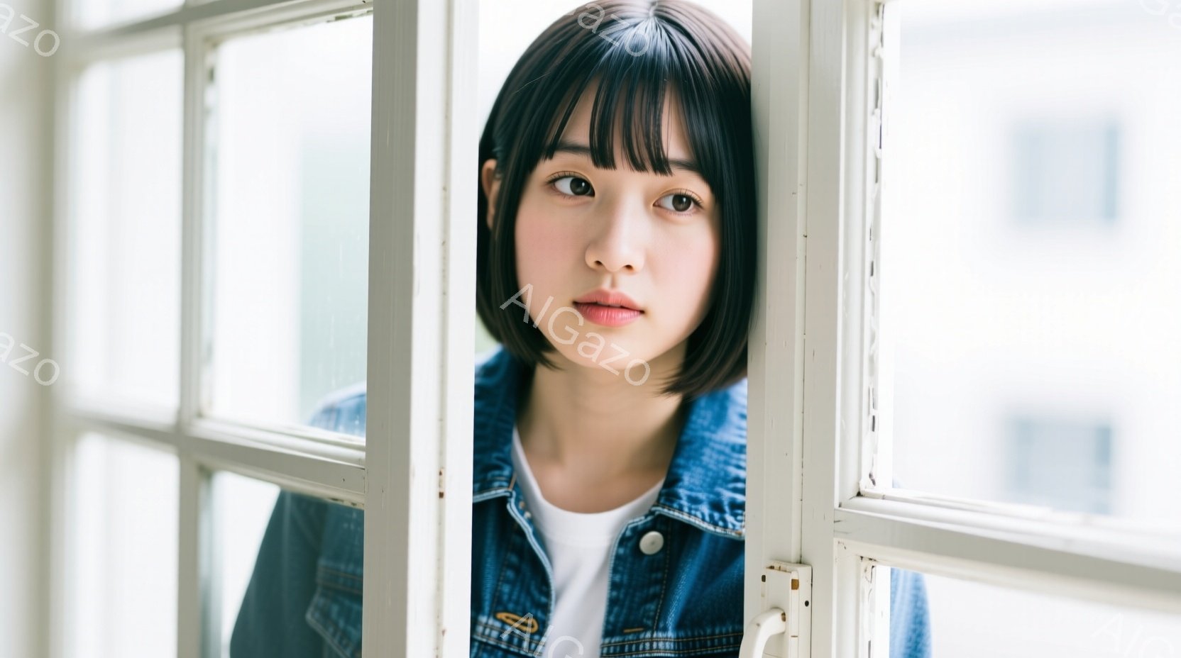 短い黒髪の女性が、白いフレームの窓枠に顔を出しています。白いTシャツの上にデニムジャケットを着ており、少し憂いを帯びた表情をしています。背景はぼやけていますが、明るい室内であること、窓の外に自然光が入っていることがわかります。