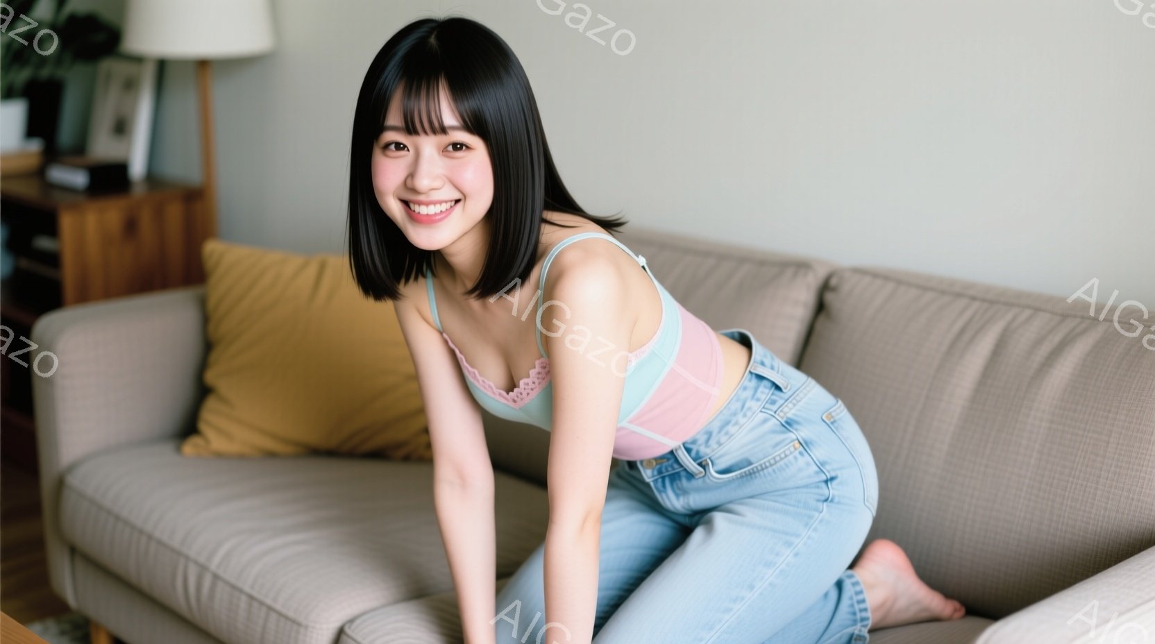 明るい茶色のソファに座る若い女性が写っています。彼女は水色のフリル付きブラレットとピンクのアンダーバストバンドが組み合わさったトップスと、薄い色のジーンズを着ており、素足です。笑顔で少し前かがみになり - AI生成フリー素材