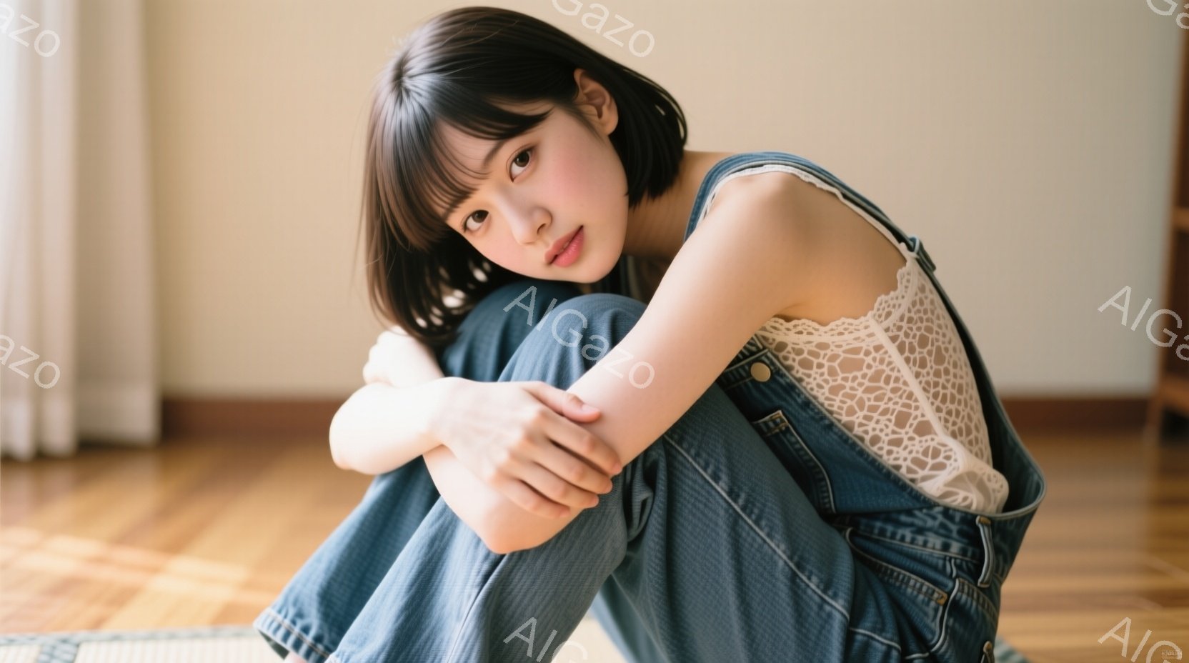若い女性が床に座り、膝を抱えています。彼女は白いレースのキャミソールと、濃いブルーのオーバーオールを着ており、黒髪のショートヘアで、少し微笑んだ表情をしています。背景は薄いクリーム色の壁と木製の床で、 - AI生成フリー素材