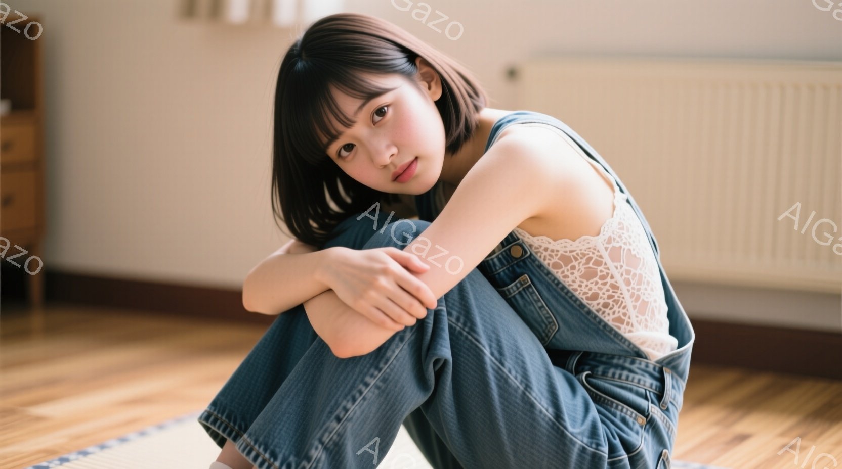 モデルは、レースのキャミソールにデニムのオーバーオールを着て、床に座って膝を抱えています。彼女は短い茶色の髪をしており、少し微笑んでカメラを見つめています。背景には木製の床と白い壁があり、室内でリラックスした雰囲気です。