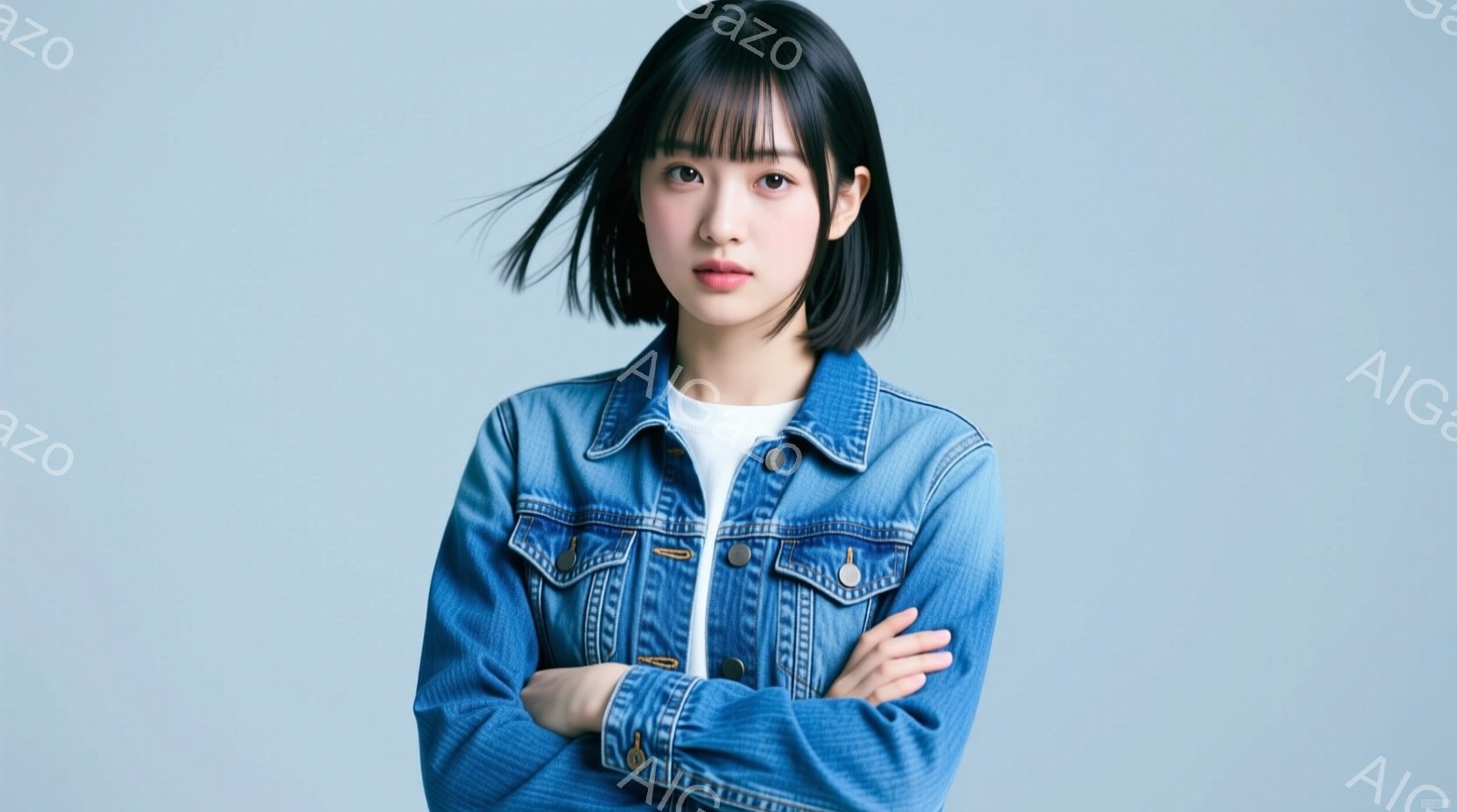 短い黒髪の女性が、明るい青色の背景を背景に立っています。白いTシャツにデニムジャケットを着ており、腕を組んで少し真剣な表情をしています。 全体的に、シンプルでカジュアルながらも洗練された雰囲気です。
