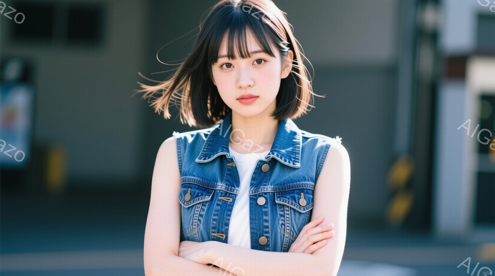 ショートヘアの女性が、白いTシャツにデニムのベストを羽織って立っています。腕を組んで少しこちらを見ており、表情は穏やかで可愛らしい印象です。背景にはぼやけた建物が見え、明るい日差しが差し込んでいます。 - AI生成フリー素材