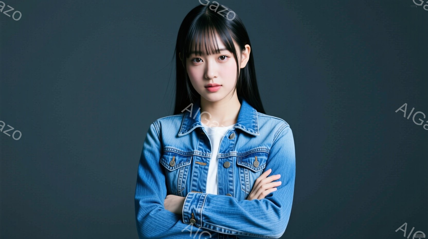 黒髪で前髪が目にかかる女性が、デニムジャケットと白いTシャツを着て、腕を組んで立っている。彼女は少し微笑んでおり、落ち着いた表情をしている。背景はぼやけた青色で、人物に焦点が当てられている。