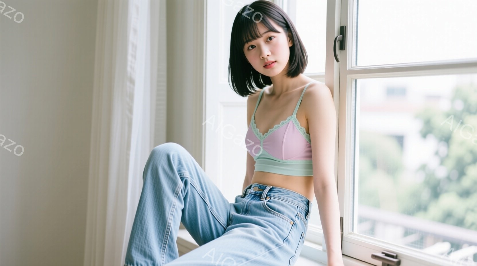 浅いブラウン系の髪で前髪のある女性が、窓枠に座ってこちらを見ている。淡いピンクと水色のレースのブラレットと、ゆったりとしたデニムのズボンを着用している。窓の外には緑の木々が見え、晴れた日の穏やかな雰囲 - AI生成フリー素材