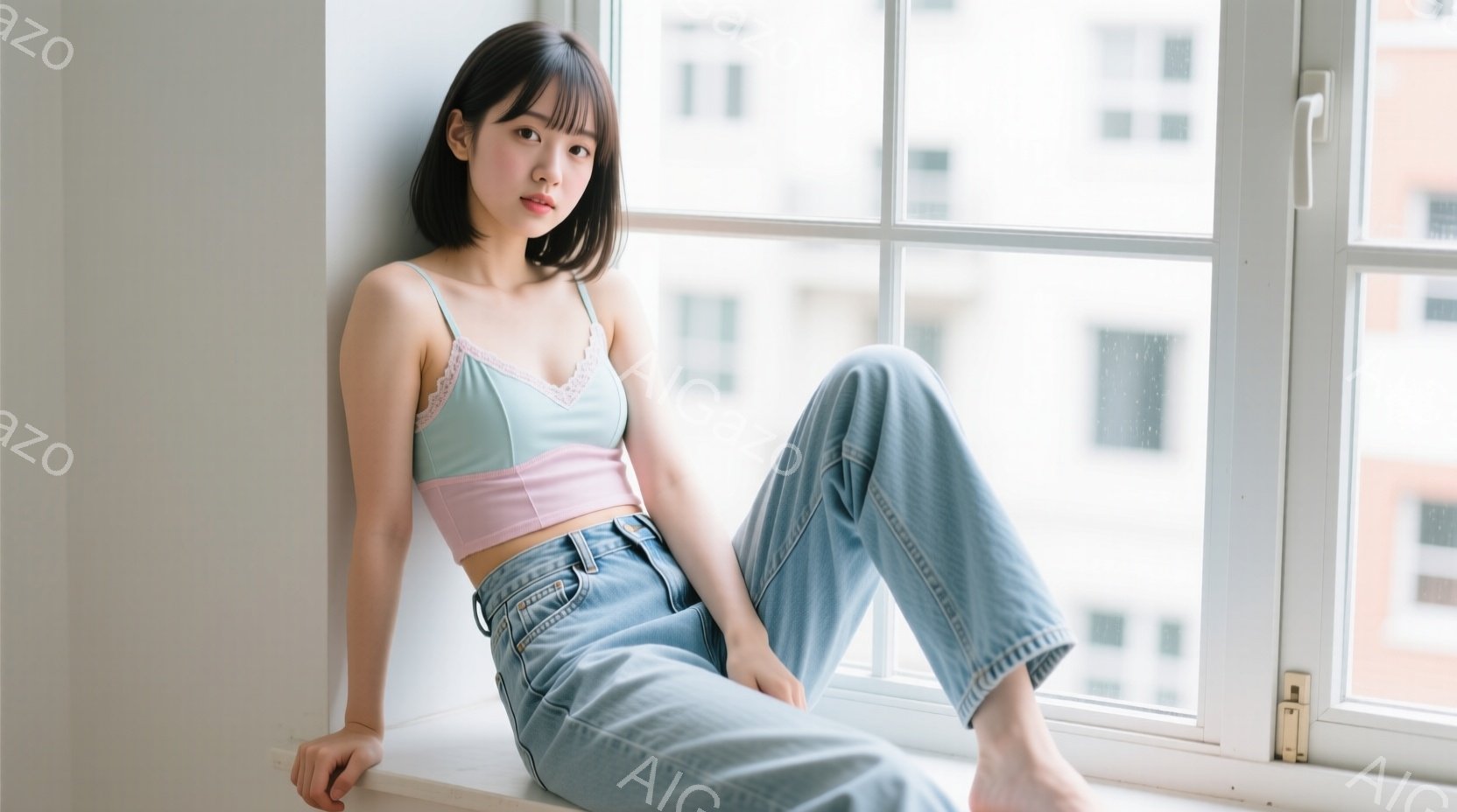 若い女性が窓枠に座り、ピンクと水色のキャミソールにデニムジーンズを着用しています。彼女は足を組んで座り、リラックスした表情をしています。背景には高層ビルが見え、晴れた日の自然光が差し込んでおり、全体的 - AI生成フリー素材