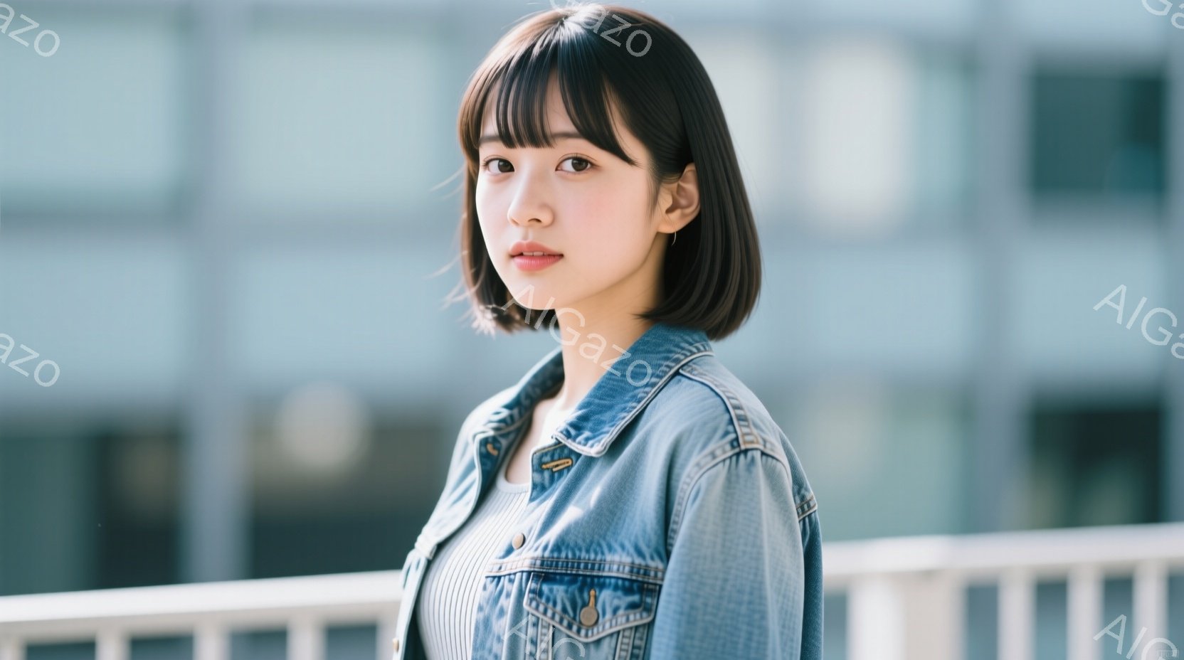 短い黒髪で前髪ぱっつんの女性が、デニムジャケットと白いインナーを着ています。彼女はわずかに微笑んでおり、リラックスした表情をしています。背景には白い柵と、ぼやけた建物が見え、晴れた日の穏やかな雰囲気が漂っています。