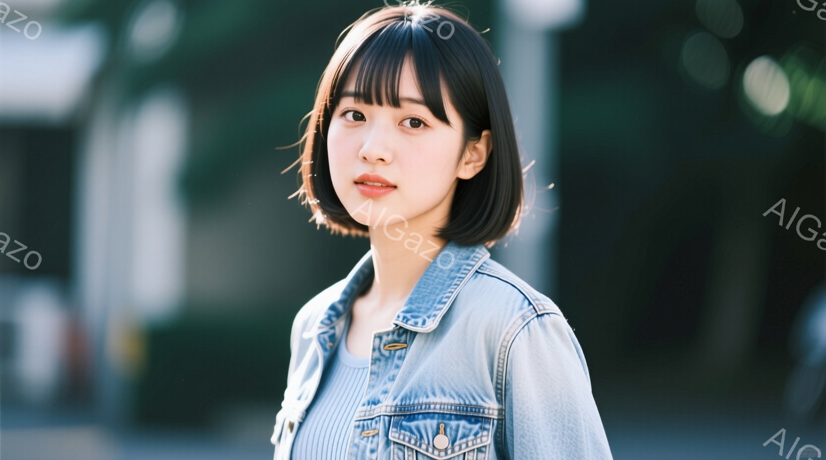 短い黒髪で前髪が目にかかる女性が写っている。彼女はデニムジャケットを羽織り、表情は穏やかで少し微笑んでいるように見える。背景にはぼやけた建物と緑があり、晴れた日の穏やかな雰囲気が伝わってくる。
