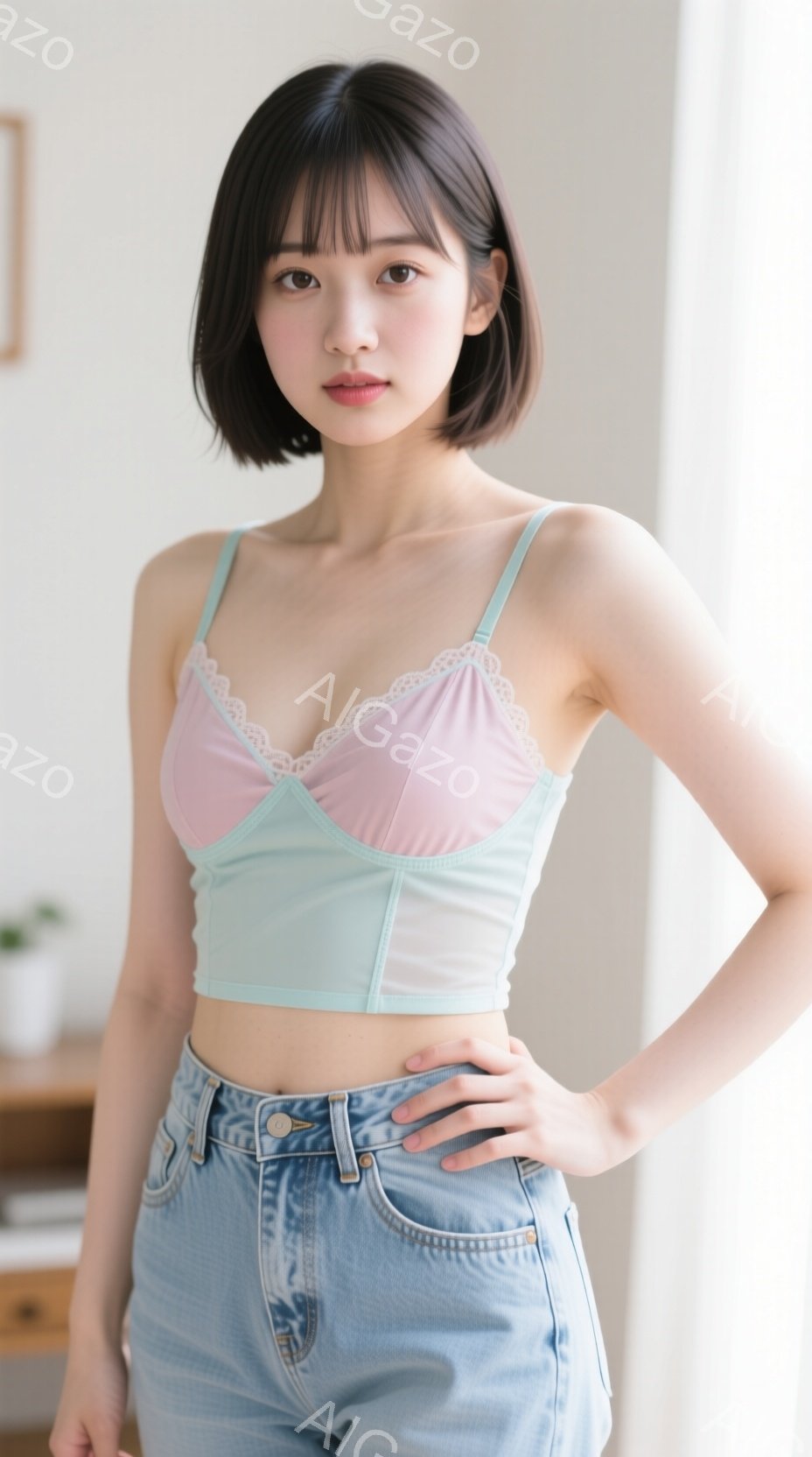 画像は、明るい茶色の髪で前髪のある若い女性が写っています。彼女は、薄い水色のコルセット風のトップスに、薄いピンク色のインナーと、ハイウエストのデニムジーンズを着ています。彼女は片手を腰に当て、自信のあ - AI生成フリー素材