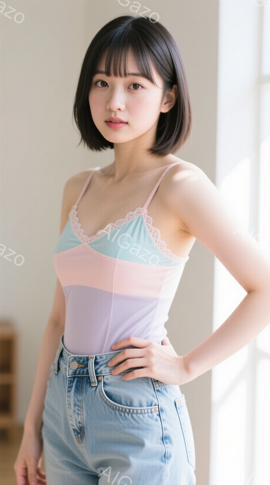 若い女性が、パステルピンクと水色のキャミソールと、明るい色のデニムパンツを着用しています。彼女は肩に手を当てて立っており、少し微笑んでいます。背景は明るい壁で、全体的に柔らかく、日常的な雰囲気です。 - AI生成フリー素材