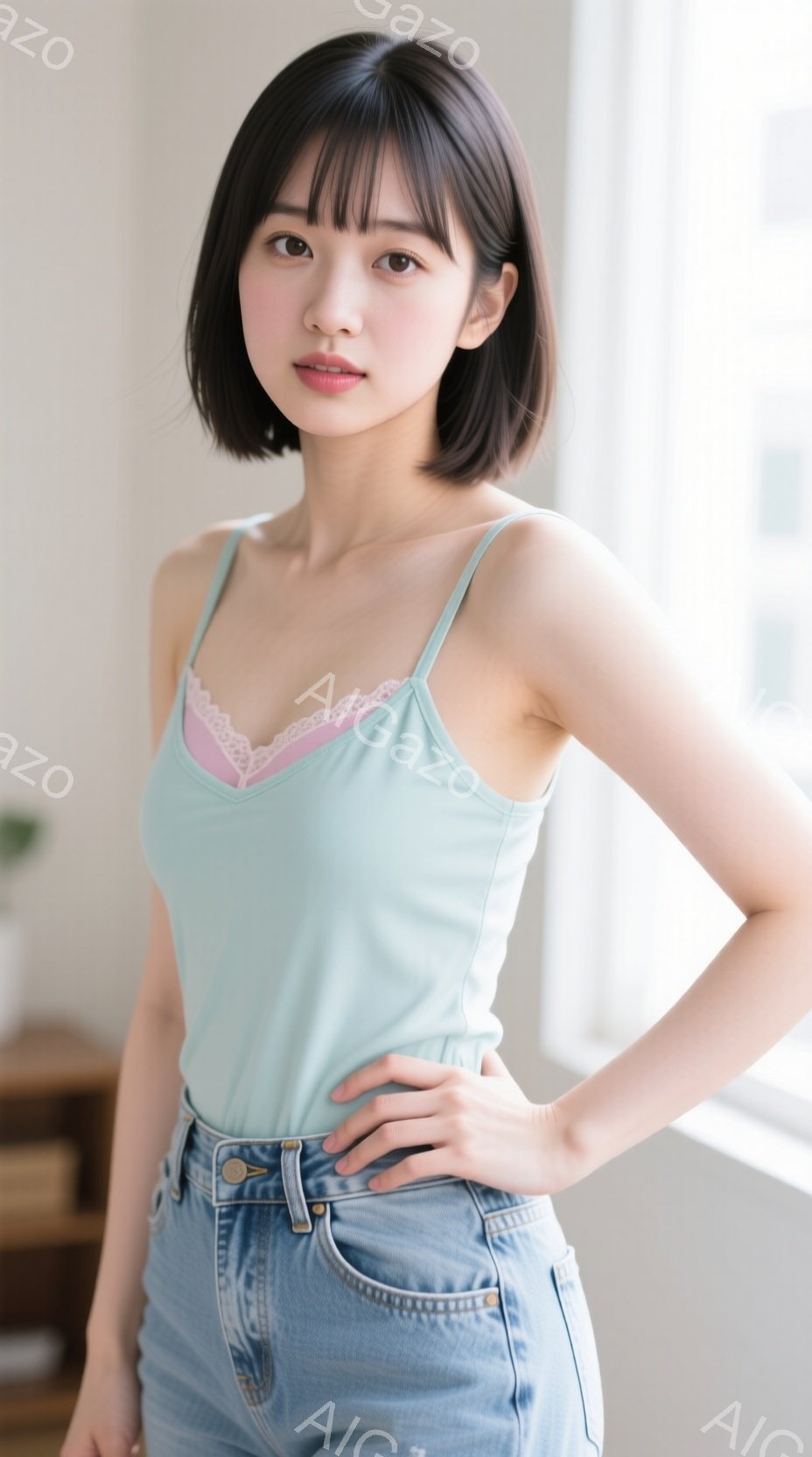 モデルは、パステルグリーンのキャミソールと、明るい色のデニムジーンズを着用しています。彼女は肩に手を当て、少し微笑んでカメラを見つめており、リラックスしたポーズをとっています。背景は明るい室内で、ぼや - AI生成フリー素材