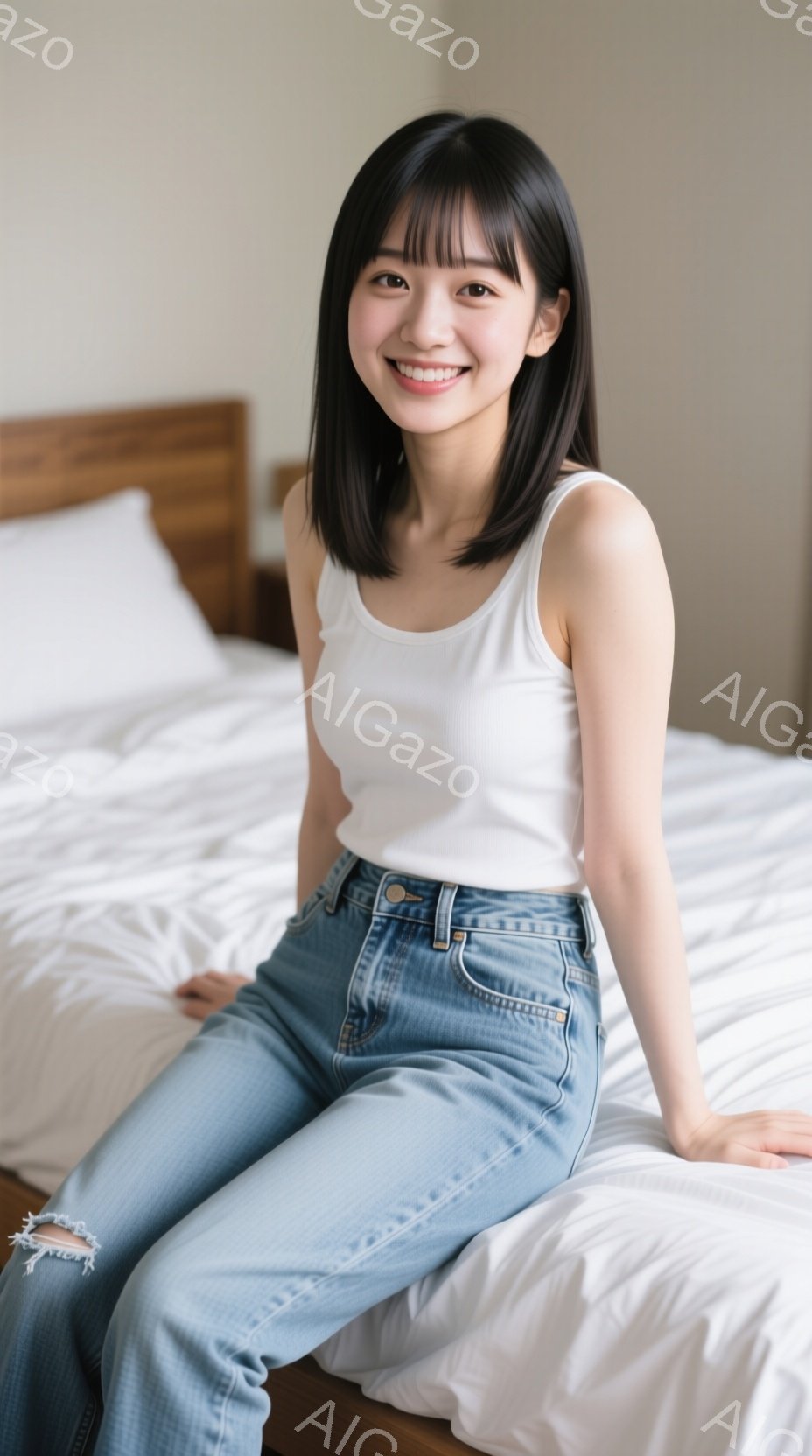 彼女は白いタンクトップと破れた膝のデニムジーンズを着て、ベッドに座っています。黒髪のボブヘアで、微笑んでカメラを見ています。背景は白く、シンプルで、全体的にリラックスした穏やかな雰囲気です。 - AI生成フリー素材
