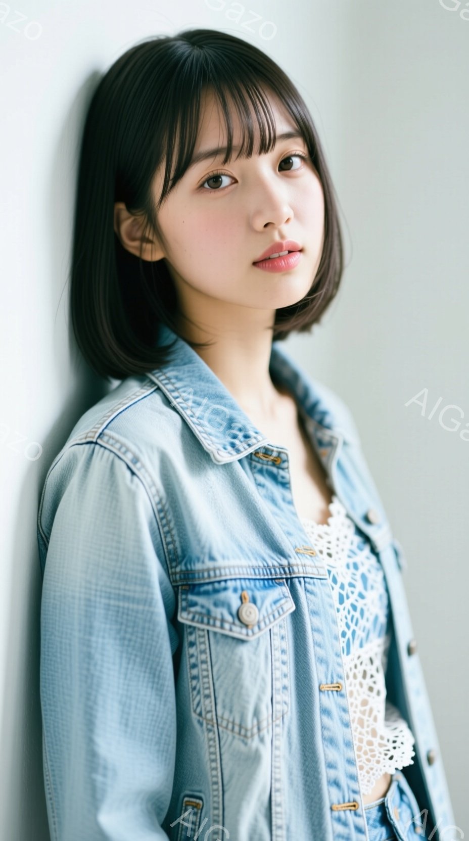 この女性は、オフホワイトのレーストップスの上に水色のデニムジャケットを着ています。彼女は黒髪のショートボブで、わずかに微笑んでおり、落ち着いた表情をしています。背景は白く、彼女が壁に寄りかかってポーズをとっている様子から、スタジオ撮影であると考えられます。