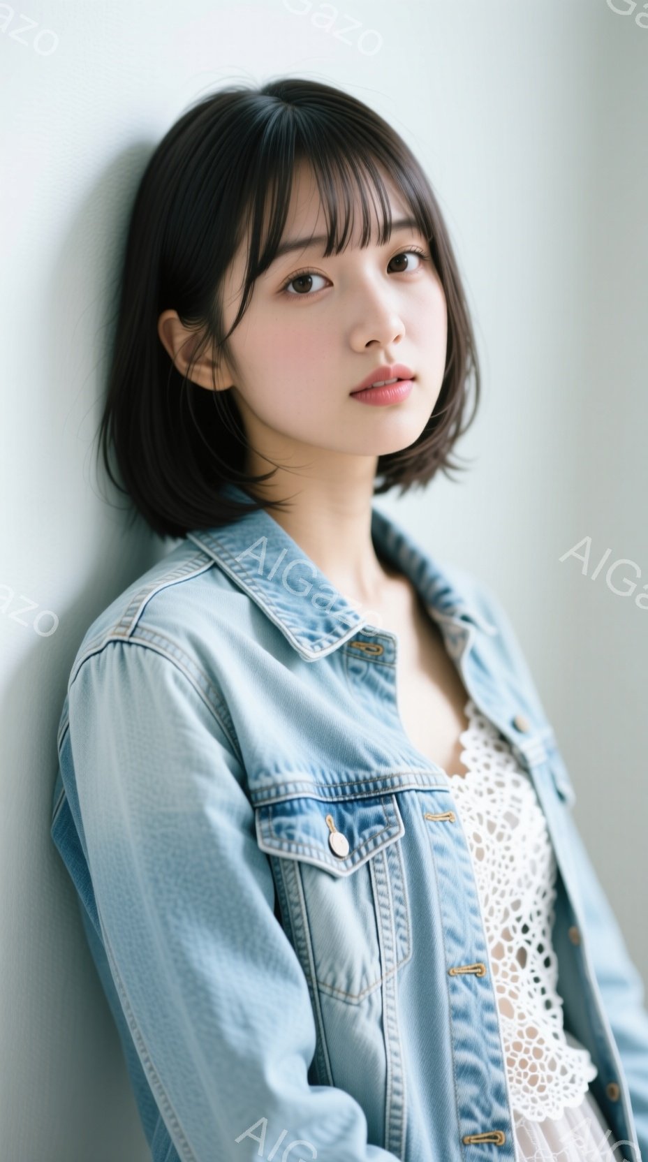 若い女性が、白いレースのトップスに、薄いデニムジャケットを羽織って立っている。彼女は黒髪で、前髪が目に少しかかり、わずかに微笑んでいる。背景は白く、人物が際立っており、全体的に柔らかく自然な雰囲気である。