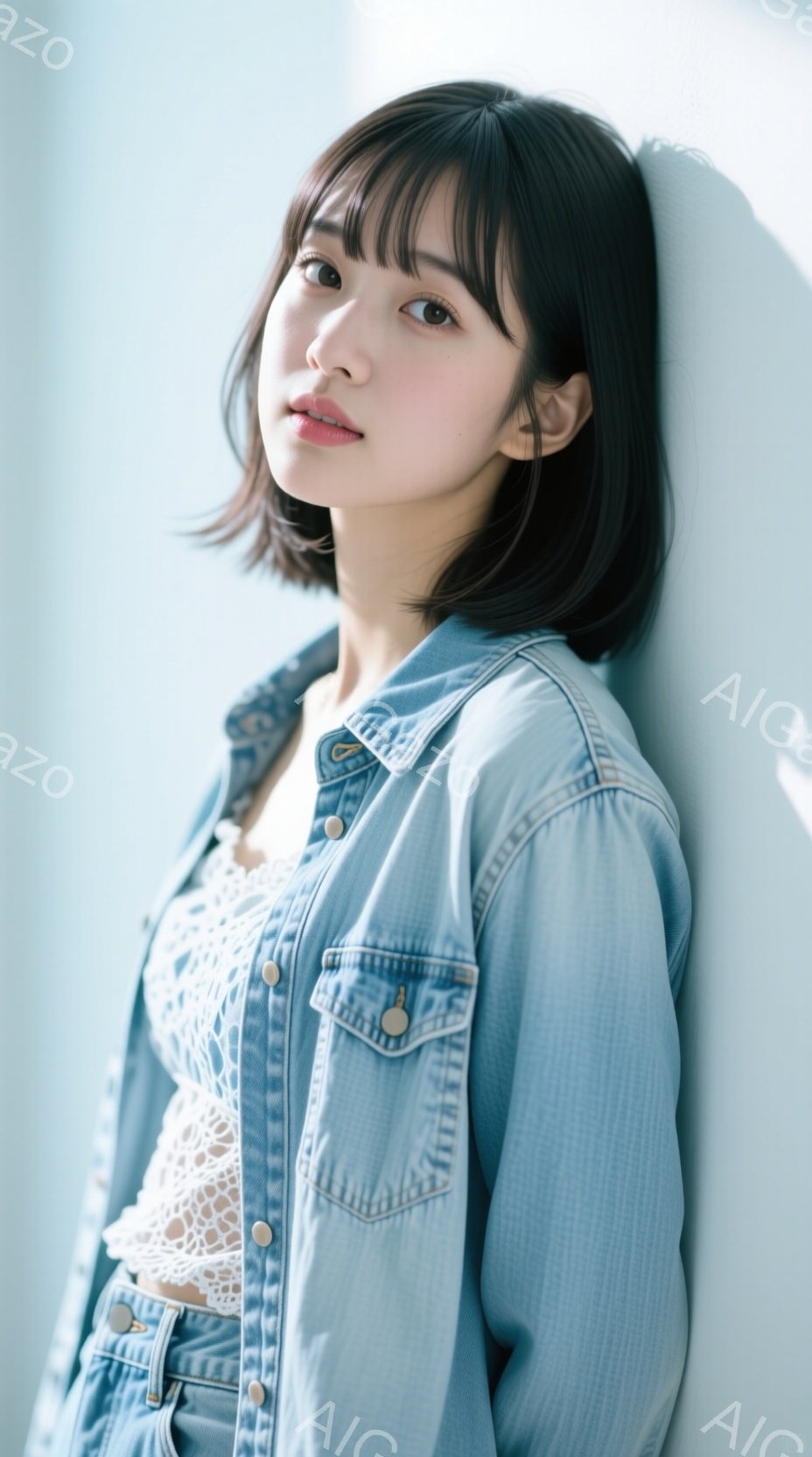 若い女性が、白い壁にもたれて立っています。彼女は、レースのブラウスの上に、水色のデニムジャケットを羽織り、明るい表情でカメラを見ています。髪は肩までの長さで、前髪が目にかかるようなスタイルです。