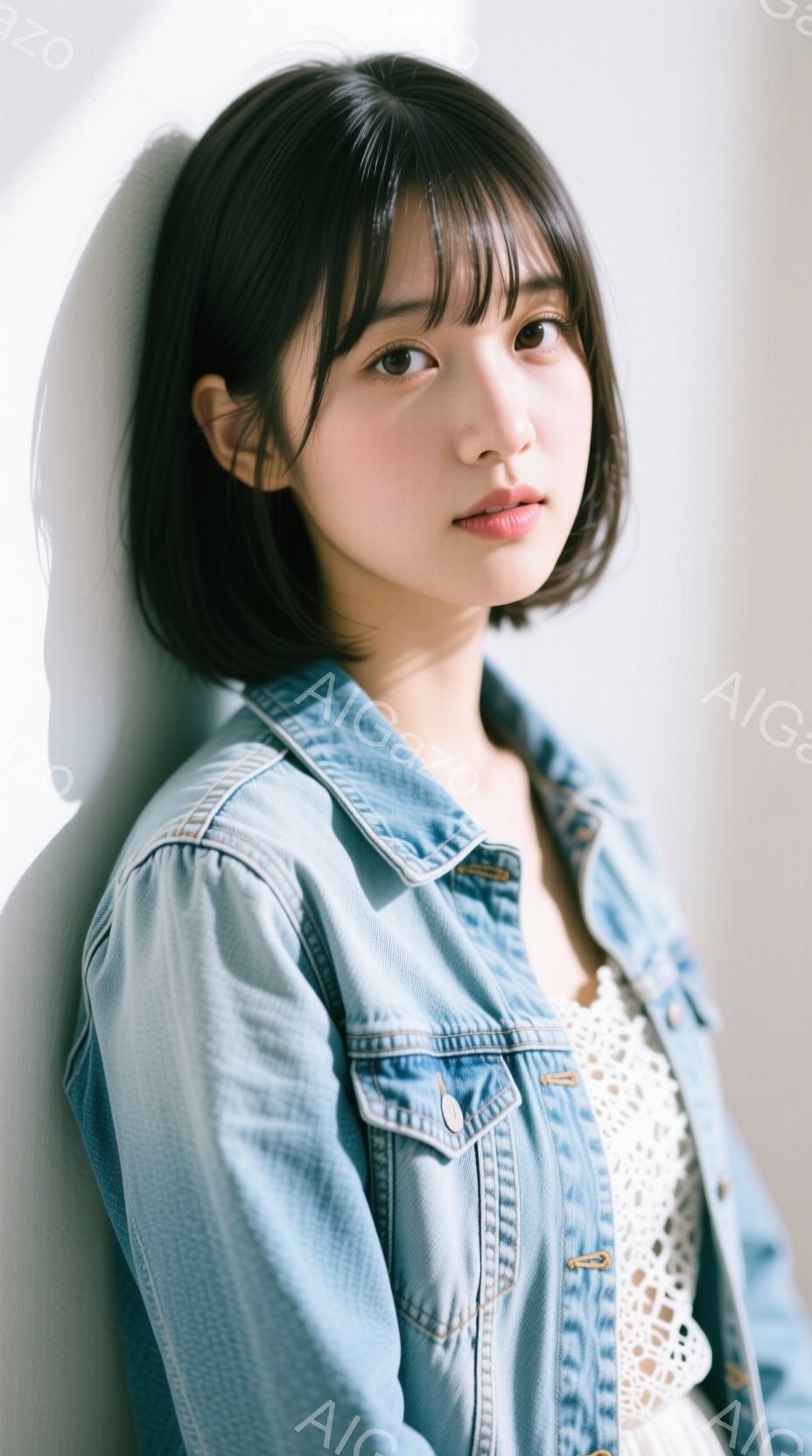 この女性は、白いレースのブラウスに、水色のデニムジャケットを羽織っています。黒髪のボブヘアで、前髪は眉毛にかかる長さです。彼女はわずかに微笑んでおり、穏やかで優しい雰囲気を醸し出しています。