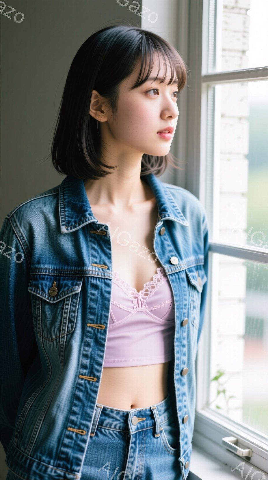 黒髪のショートヘアの女性が、窓辺に立って外を見つめています。彼女はデニムジャケットとピンク色のレースのブラレット、そしてデニムパンツを着用しており、少し肌が見えるカジュアルなスタイルです。背景には緑豊かな木々が見え、穏やかでリラックスした雰囲気が漂っています。