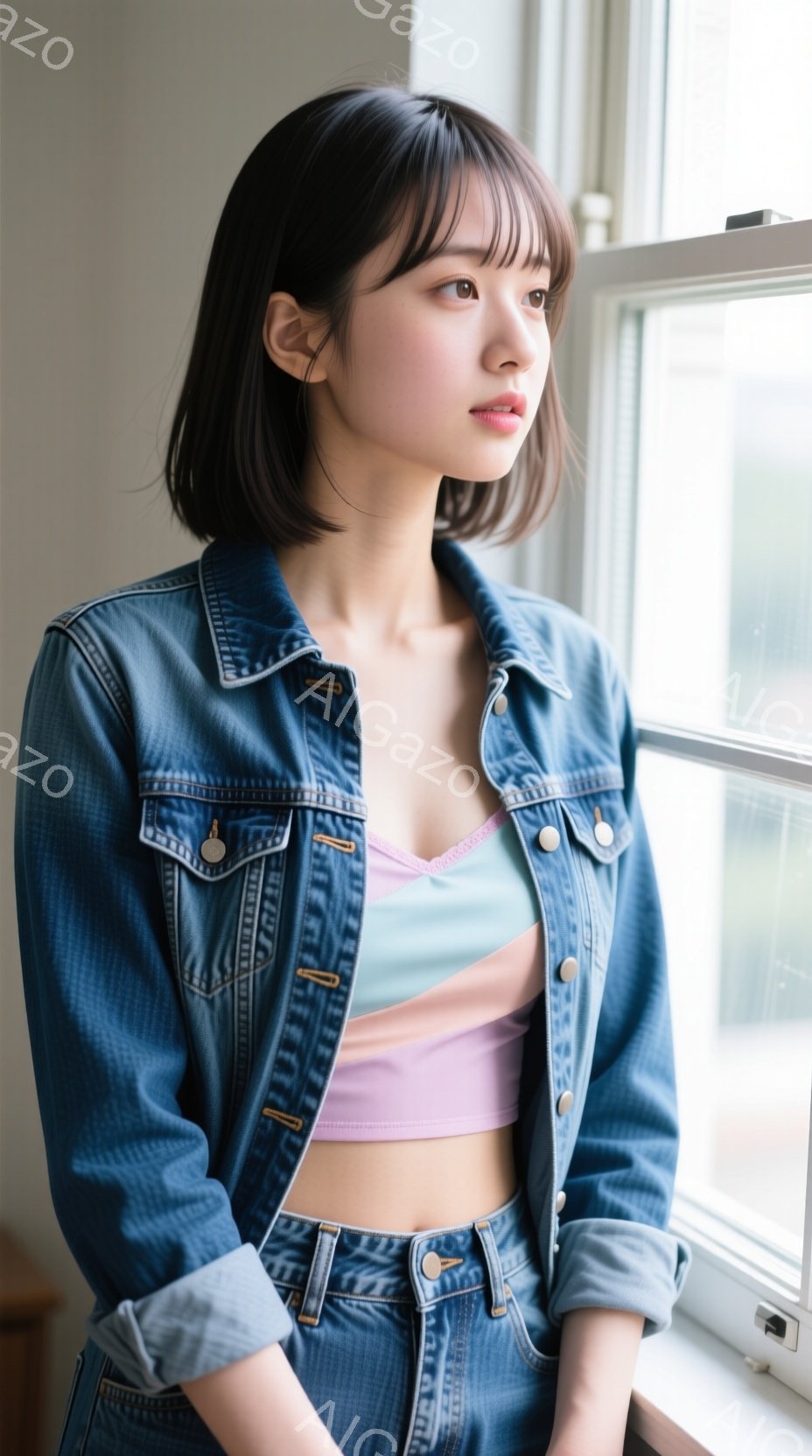 短い黒髪の女性が、デニムジャケットと淡いピンク色のタンクトップを着て、窓のそばに立っています。彼女は少し横を向き、物憂げな表情で遠くを見つめています。背景にはぼやけた街並みが見え、全体的に穏やかで少し寂しげな雰囲気が漂っています。