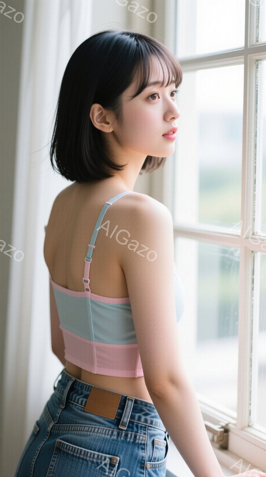 この女性は、窓のそばに立ち、浅い青とピンクのブラレットと、ハイウエストのデニムジーンズを着用しています。彼女は黒髪のショートボブスタイルで、少し微笑んだ表情をしています。窓の外には緑の風景が広がり、晴 - AI生成フリー素材